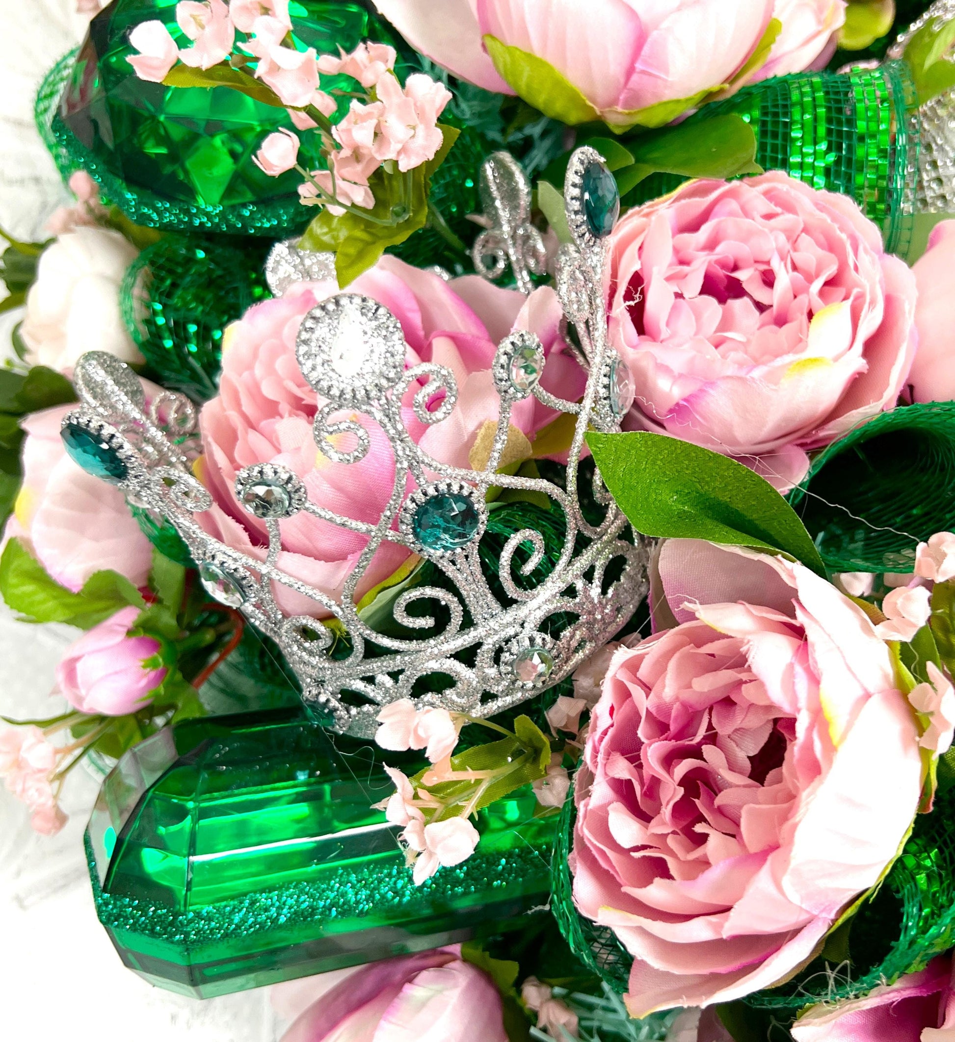 Pink Peony Designer Wreath, Jeweled Slipper & Tiara Wreath, Emerald Gem Floral Wreath, Luxe Door Decor, Statement Wreath