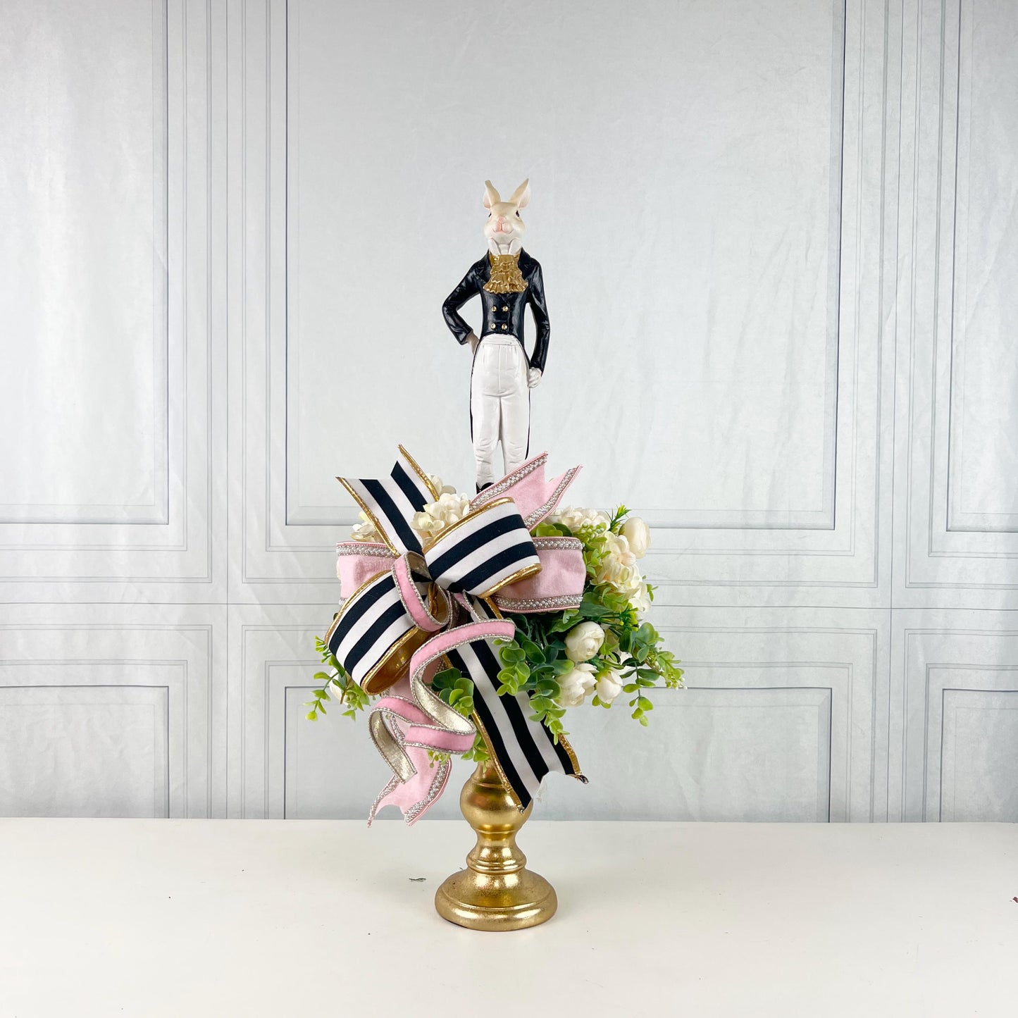 Luxury Easter Rabbit Centerpiece | Designer Spring Floral Arrangement | Elegant Mantel or Dining Table Decor