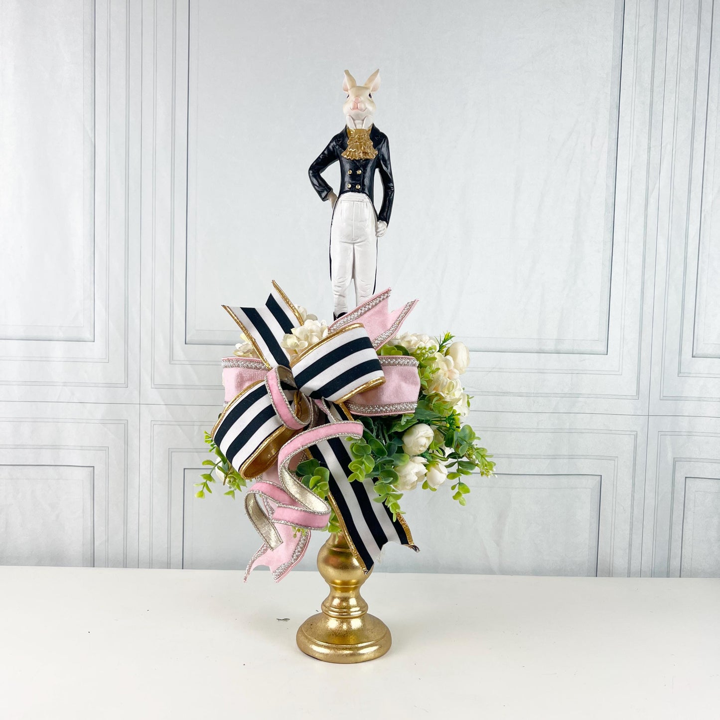 Luxury Easter Rabbit Centerpiece | Designer Spring Floral Arrangement | Elegant Mantel or Dining Table Decor