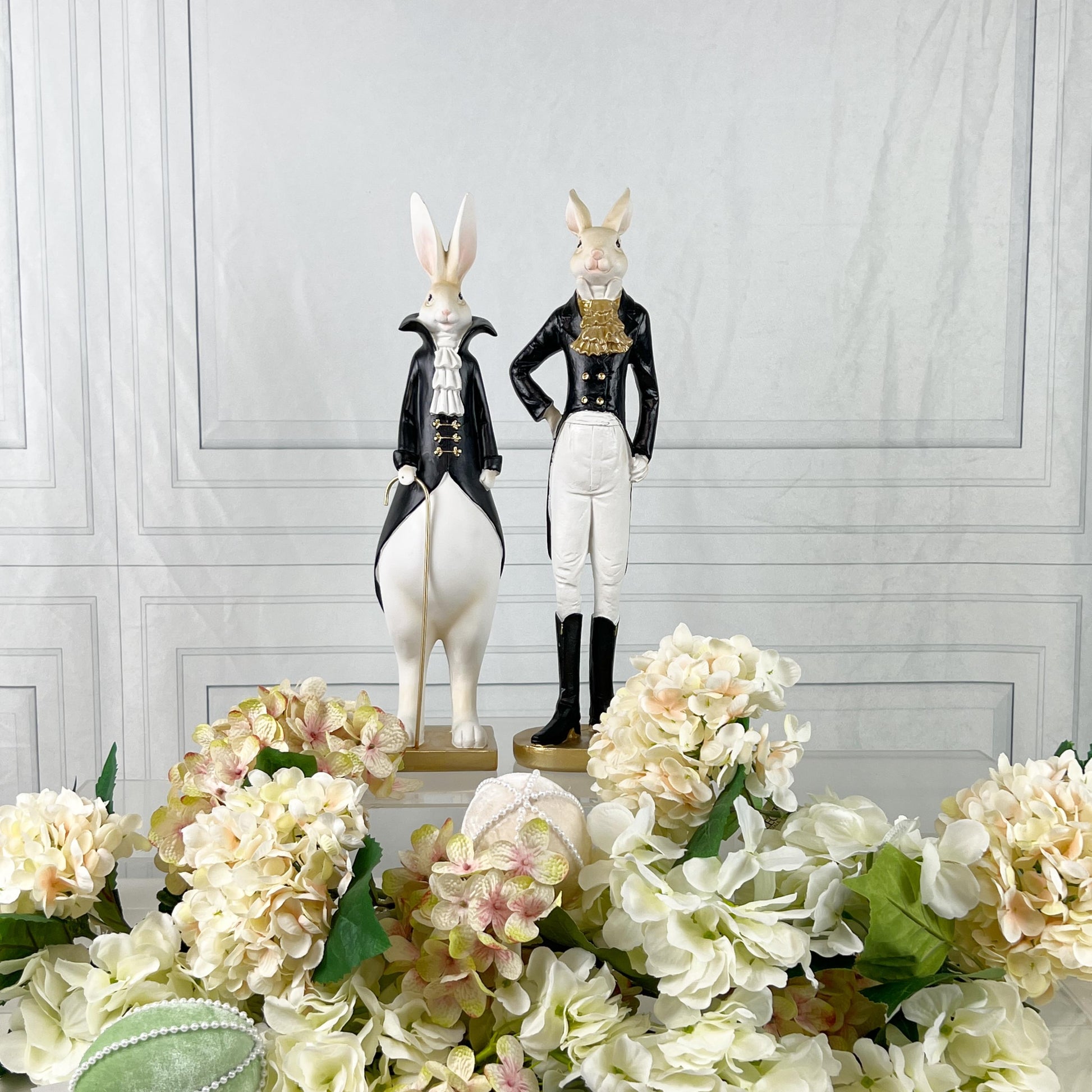 15.5" Elegant Easter Rabbit Figurines, Black White Gold Resin Rabbits, Luxury Spring Decor, Mantel Tabletop Easter Decor