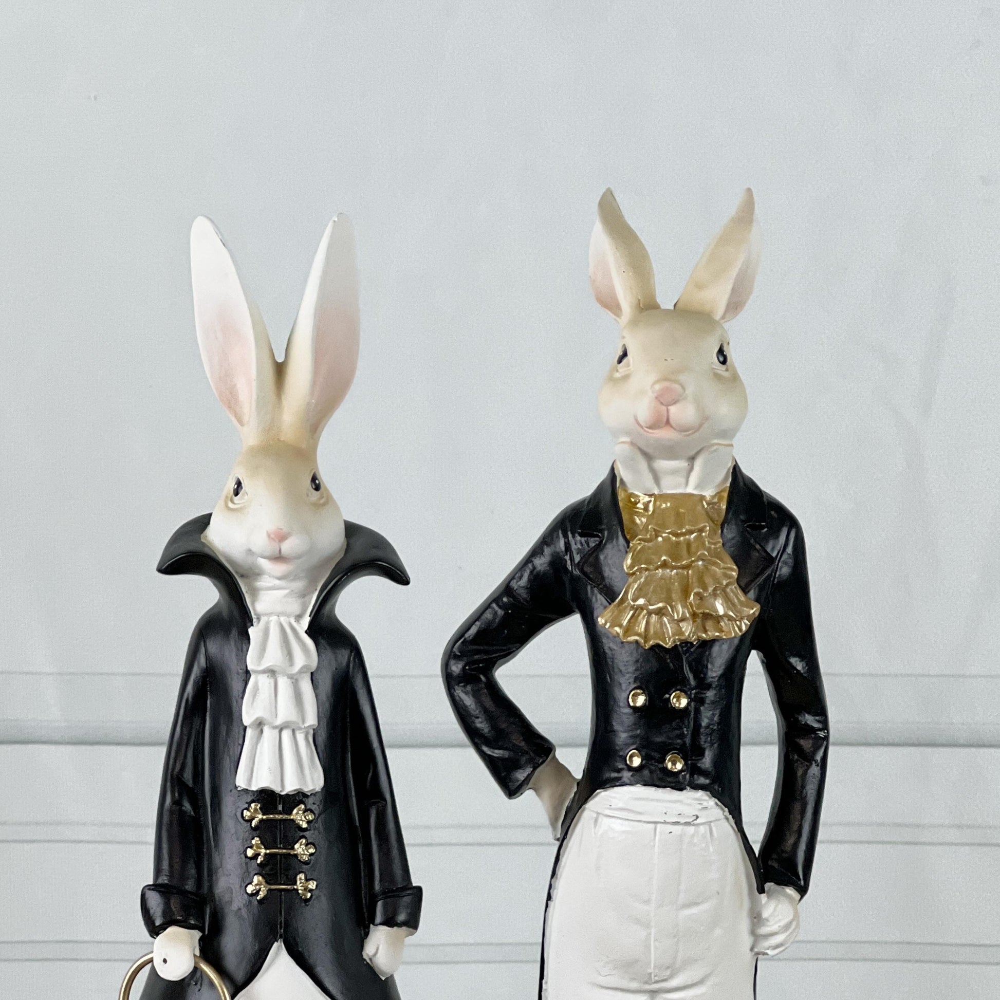 15.5" Elegant Easter Rabbit Figurines, Black White Gold Resin Rabbits, Luxury Spring Decor, Mantel Tabletop Easter Decor