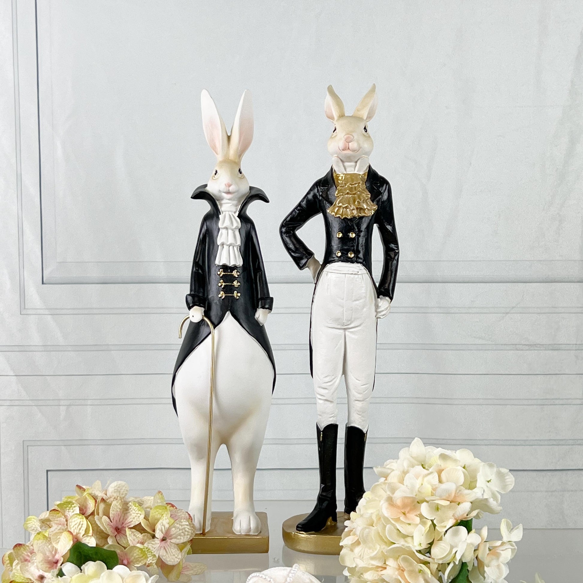 15.5" Elegant Easter Rabbit Figurines, Black White Gold Resin Rabbits, Luxury Spring Decor, Mantel Tabletop Easter Decor