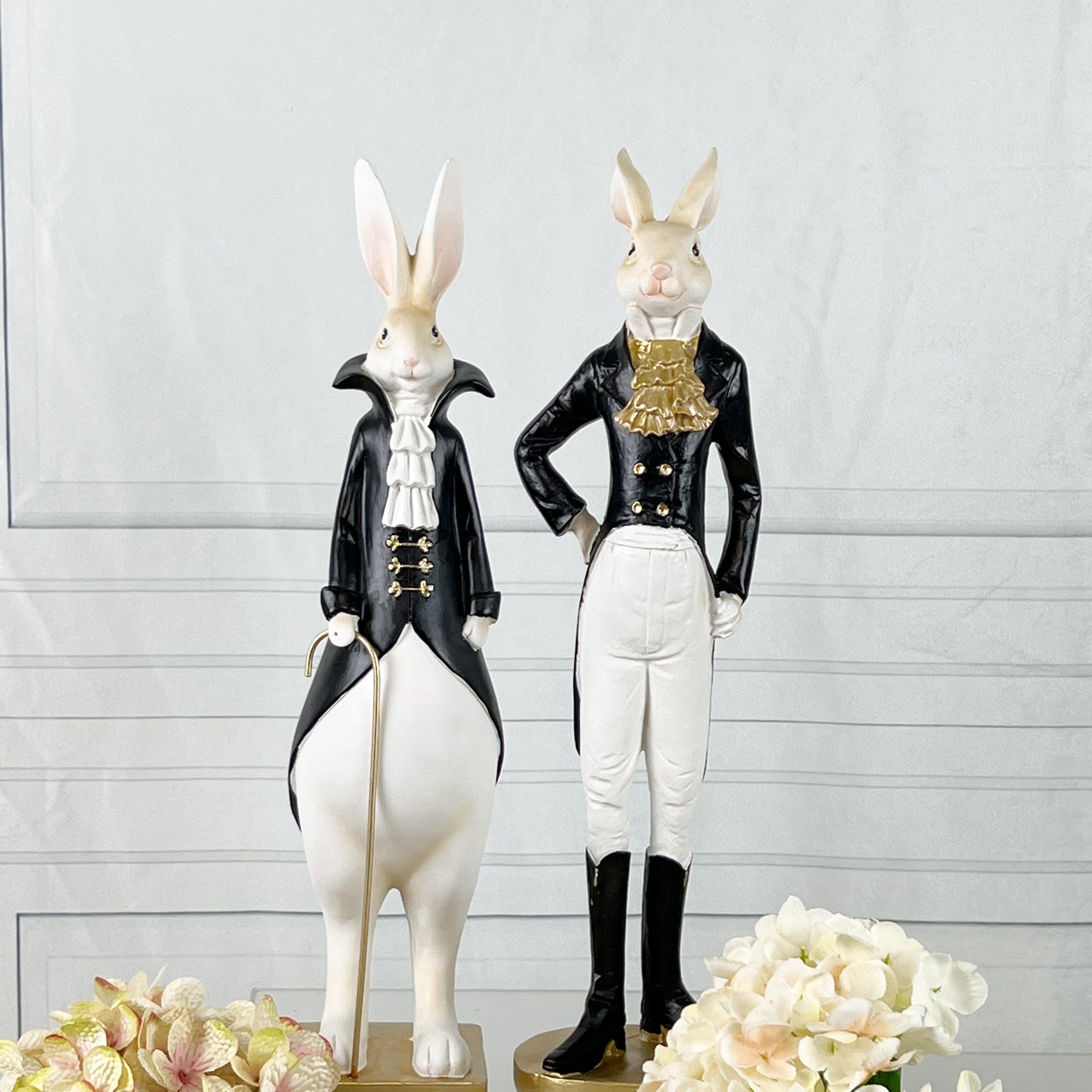 15.5" Elegant Easter Rabbit Figurines, Black White Gold Resin Rabbits, Luxury Spring Decor, Mantel Tabletop Easter Decor