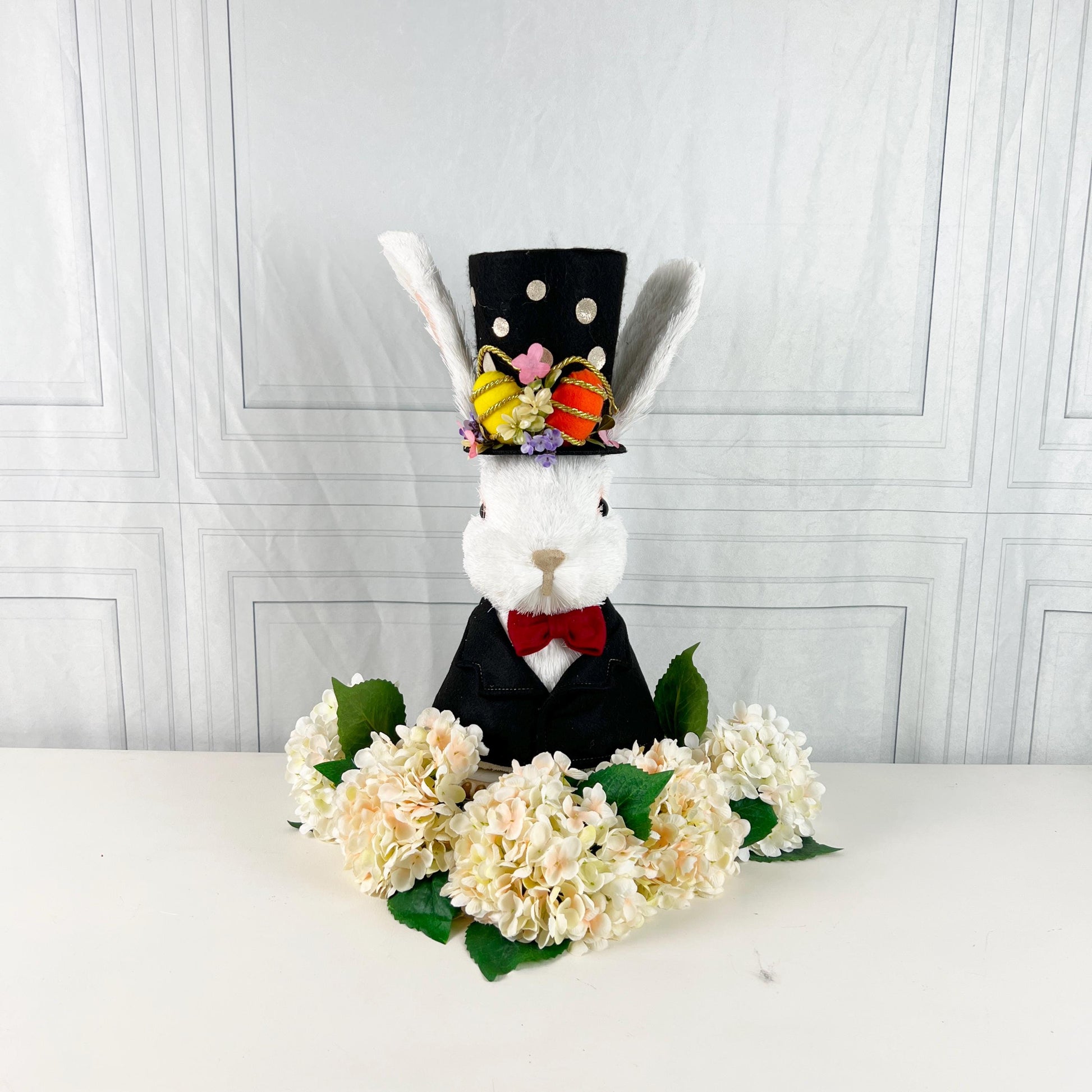 16.9" Dapper Easter Rabbit Bust, Black White Spring Bunny Decor, Elegant Easter Centerpiece, Mantel Wreath Urn Accent, Wreath Attachment