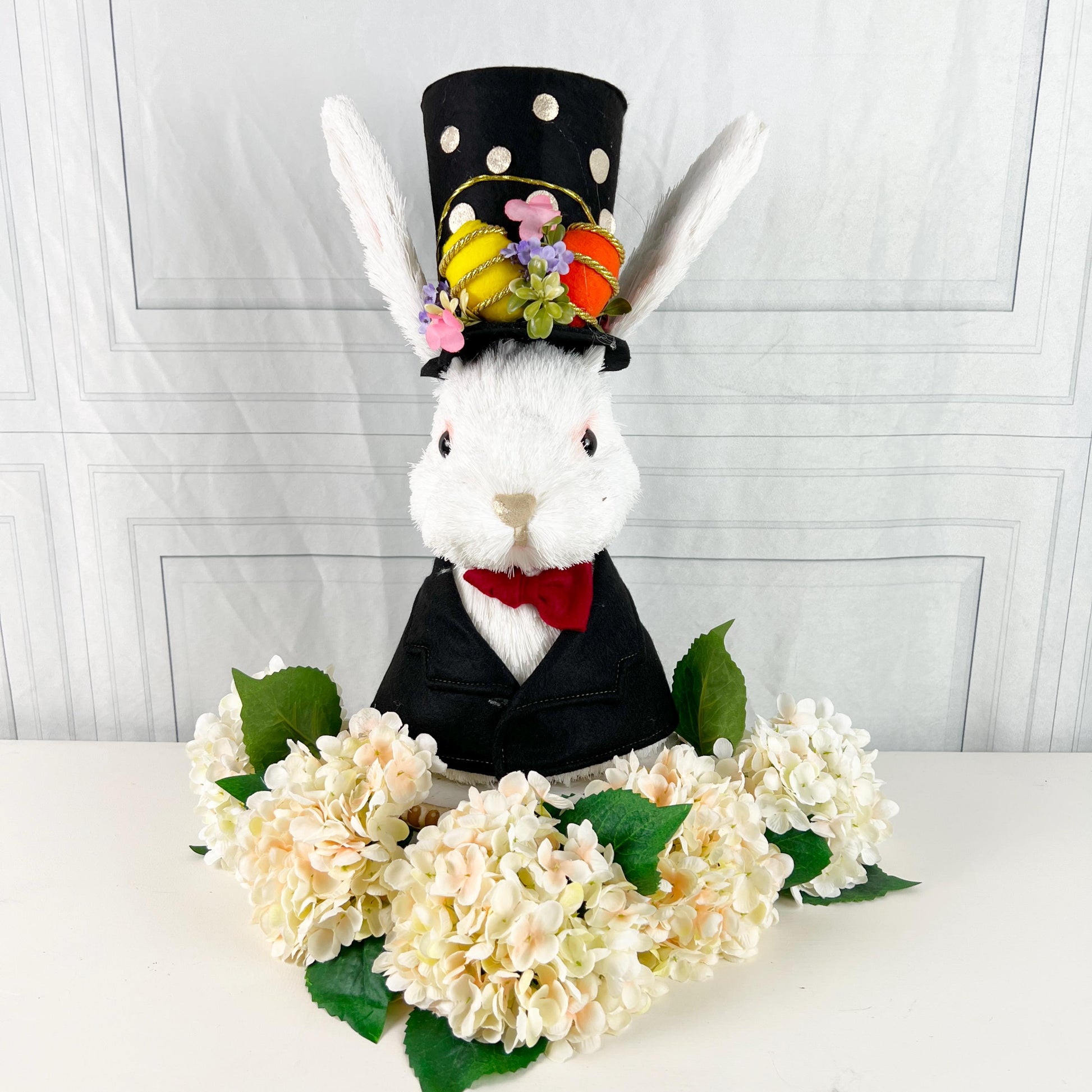 16.9" Dapper Easter Rabbit Bust, Black White Spring Bunny Decor, Elegant Easter Centerpiece, Mantel Wreath Urn Accent, Wreath Attachment