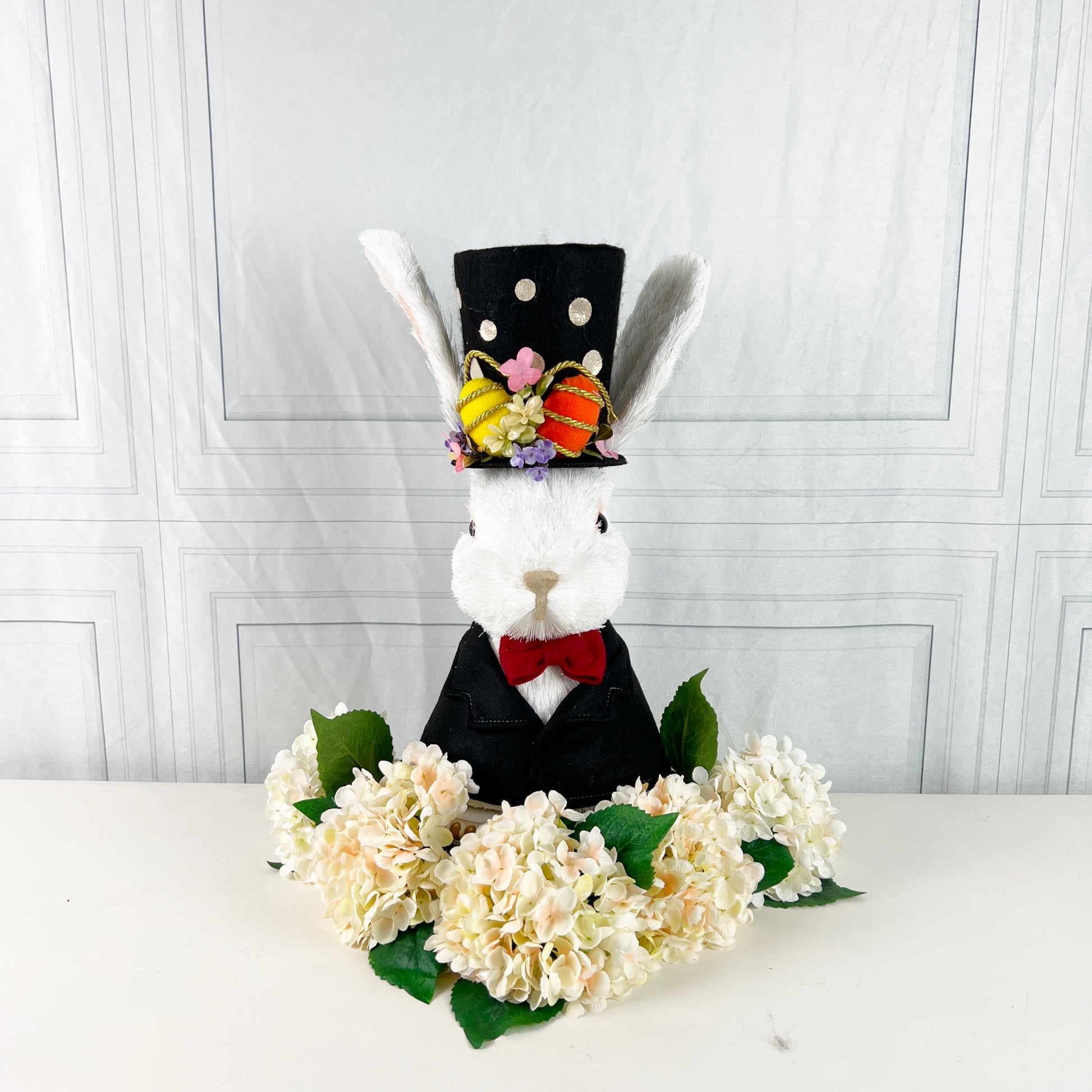 16.9" Dapper Easter Rabbit Bust, Black White Spring Bunny Decor, Elegant Easter Centerpiece, Mantel Wreath Urn Accent, Wreath Attachment
