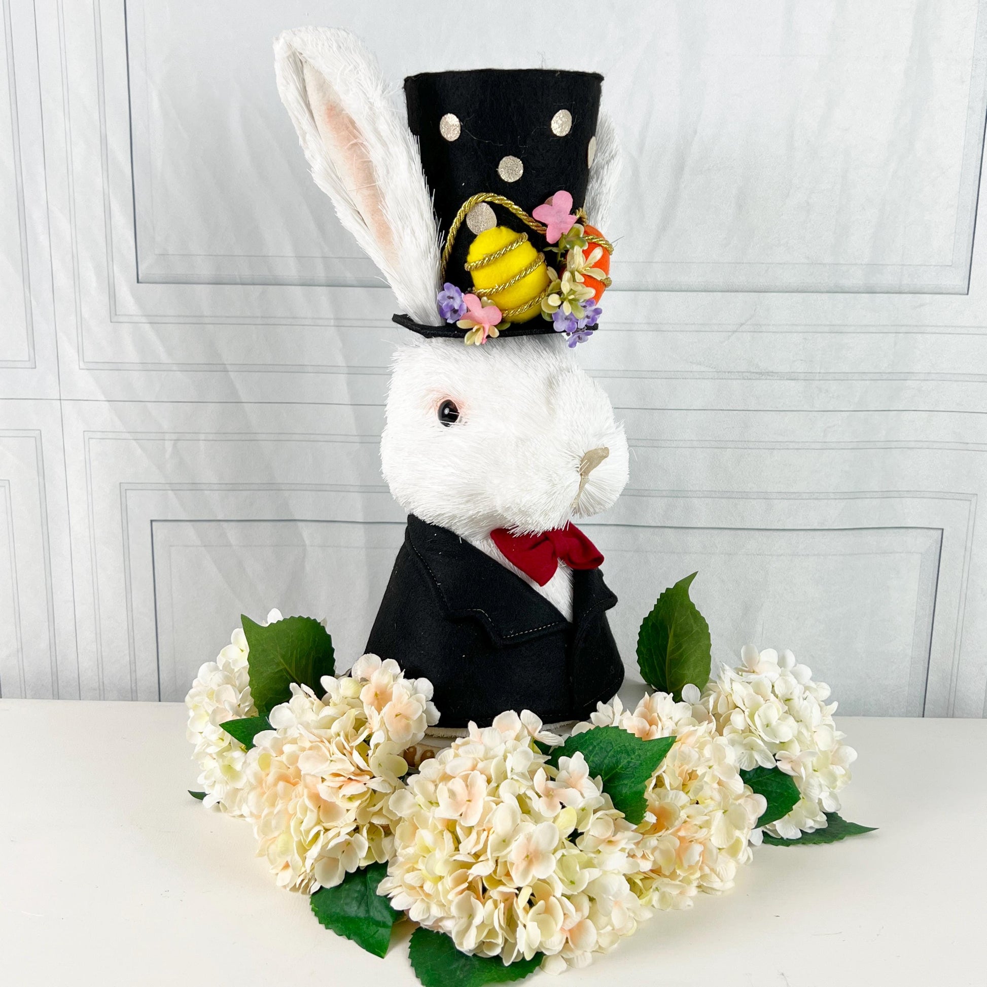 16.9" Dapper Easter Rabbit Bust, Black White Spring Bunny Decor, Elegant Easter Centerpiece, Mantel Wreath Urn Accent, Wreath Attachment