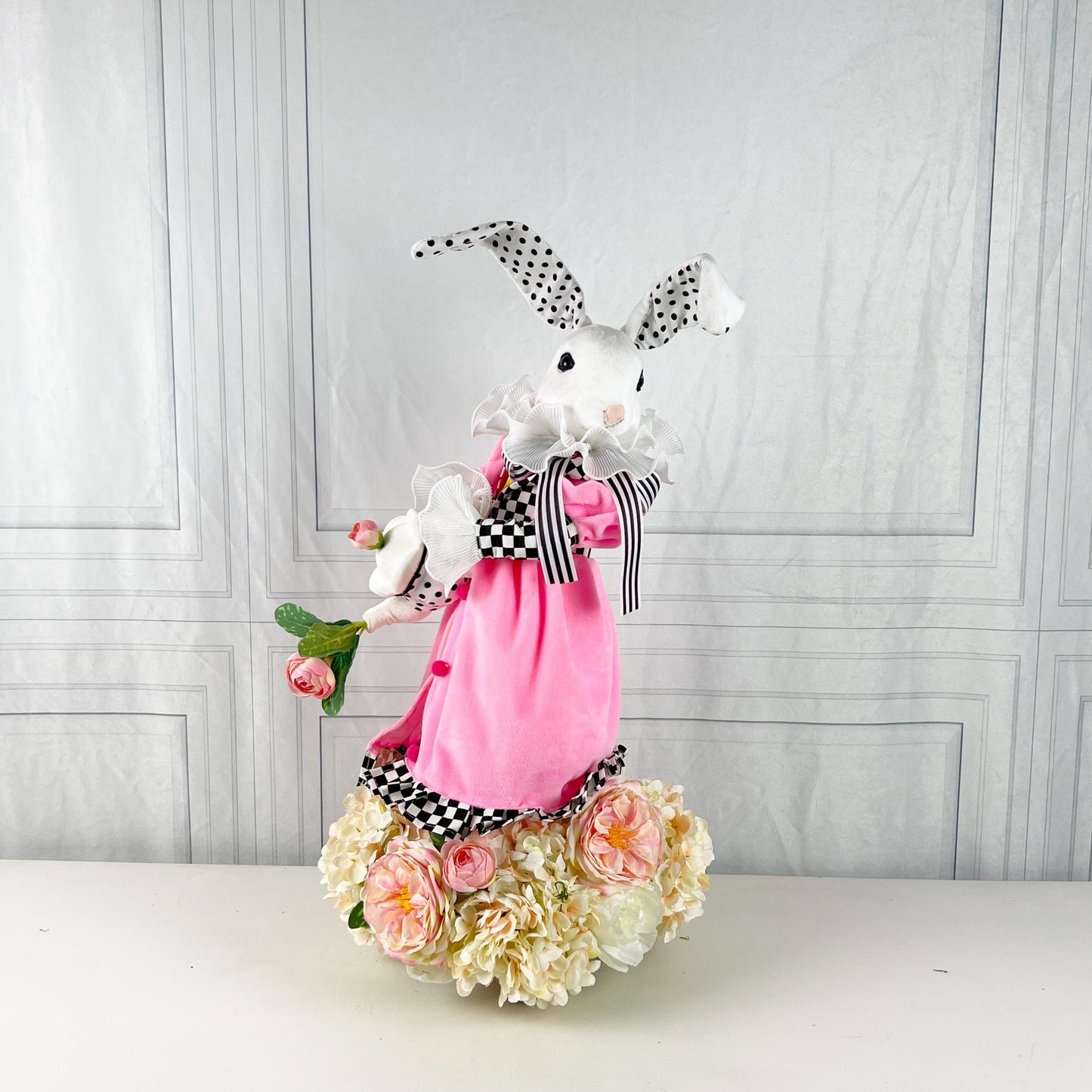 Elegant Easter Bunny Centerpiece, Pink Dress Rabbit with Teapot, Black White Spring Floral Table Decor, Designer Easter Accent