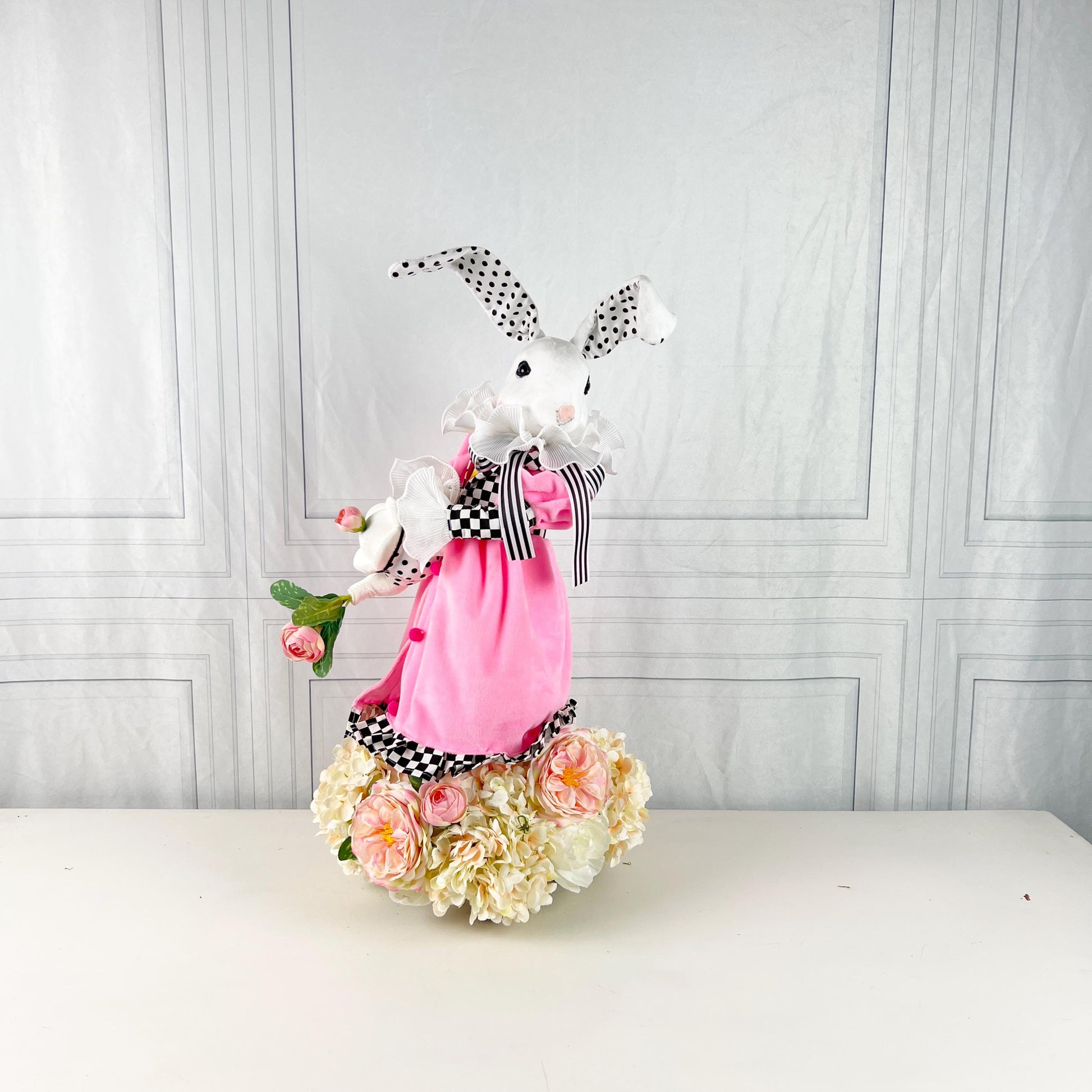 Elegant Easter Bunny Centerpiece, Pink Dress Rabbit with Teapot, Black White Spring Floral Table Decor, Designer Easter Accent