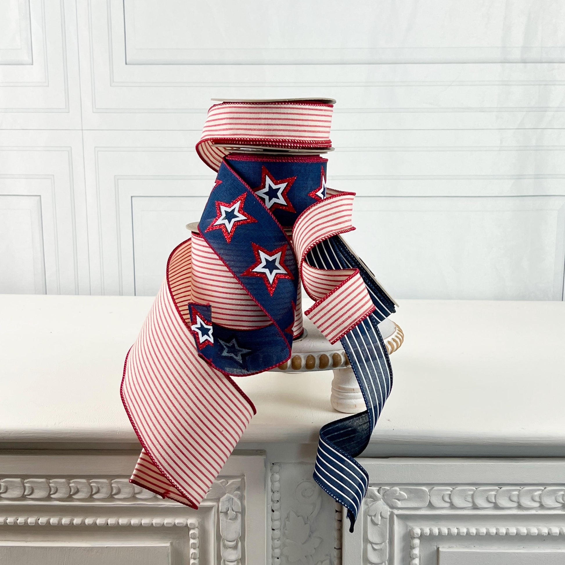 D Stevens Patriotic Ribbon Bundle, Red White Blue Designer Ribbon Set, Americana Layered Wreath Ribbon Collection