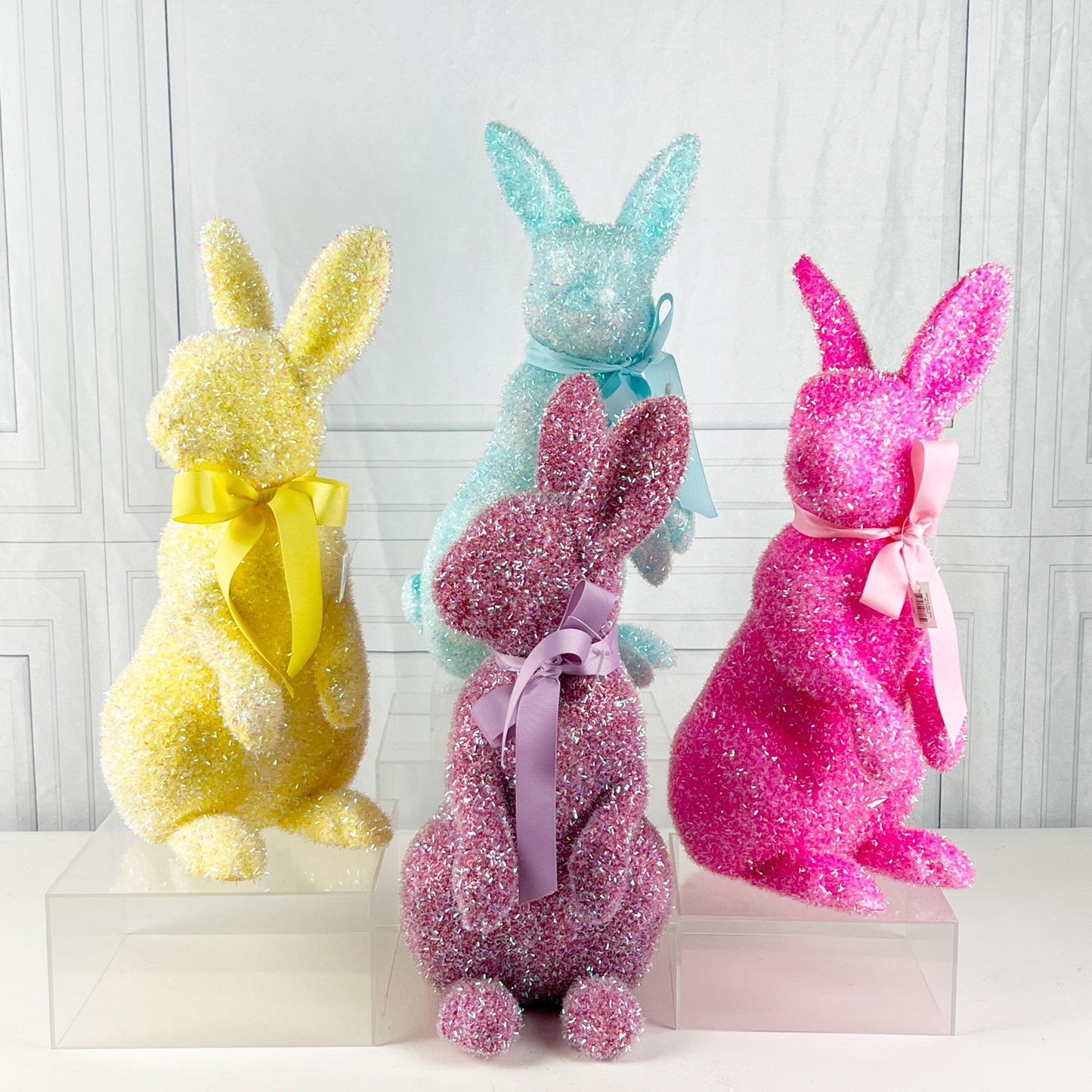 17" Tinsel Easter Bunny, Pastel Glitter Spring Rabbit Decor, Styro Easter Bunny for Wreath Mantel Centerpiece or Urn, Wreath Attachment