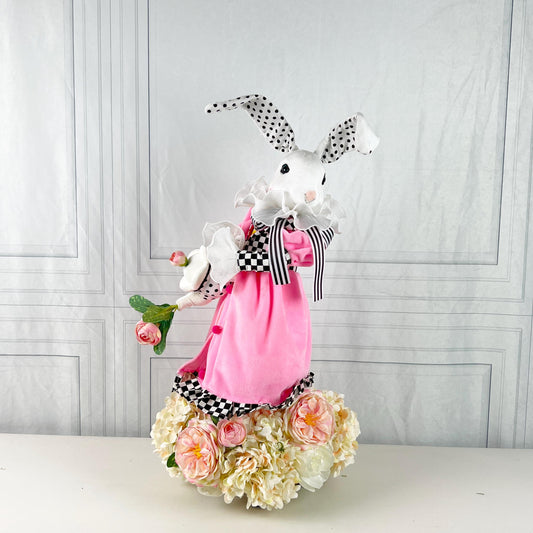 Elegant Easter Bunny Centerpiece, Pink Dress Rabbit with Teapot, Black White Spring Floral Table Decor, Designer Easter Accent