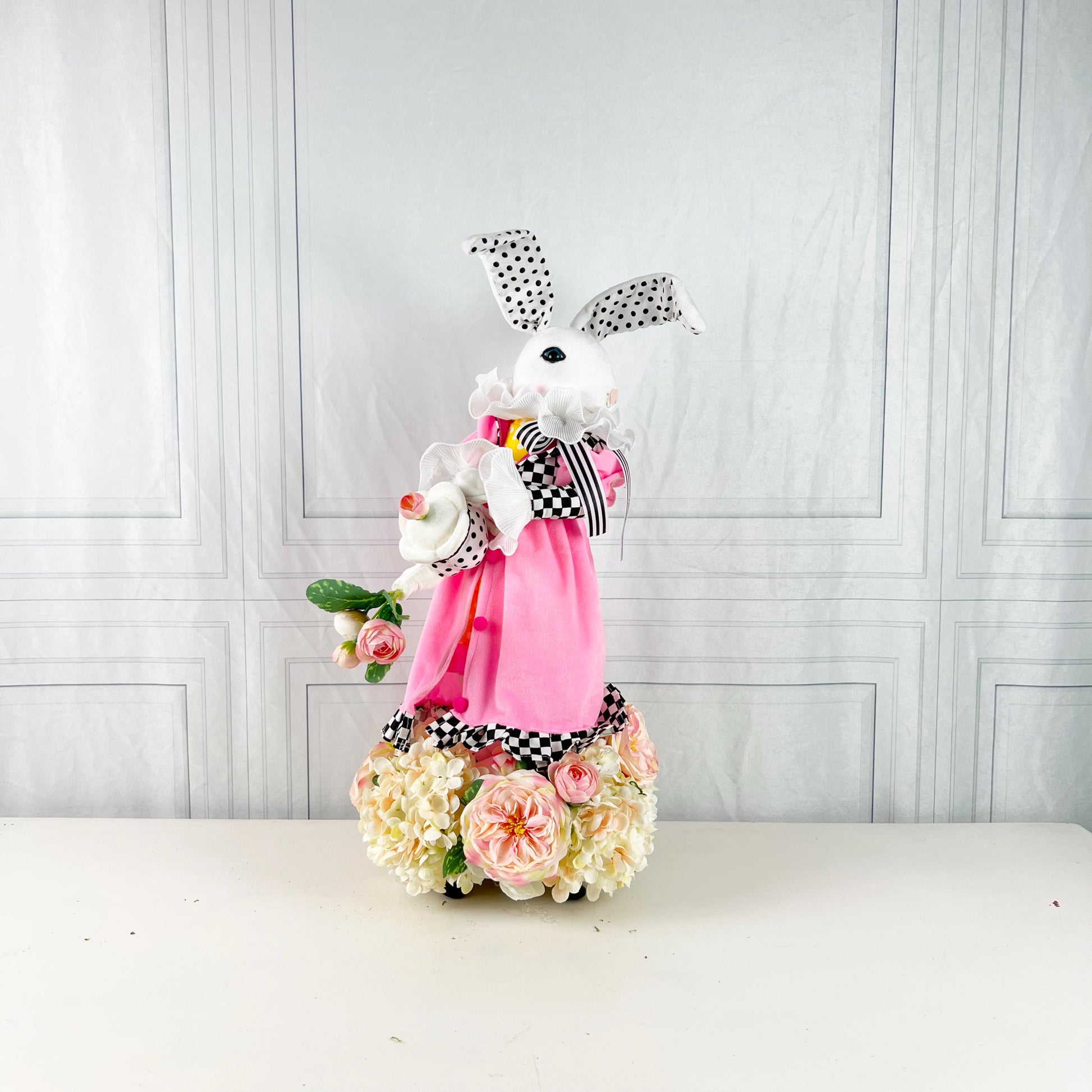 Elegant Easter Bunny Centerpiece, Pink Dress Rabbit with Teapot, Black White Spring Floral Table Decor, Designer Easter Accent