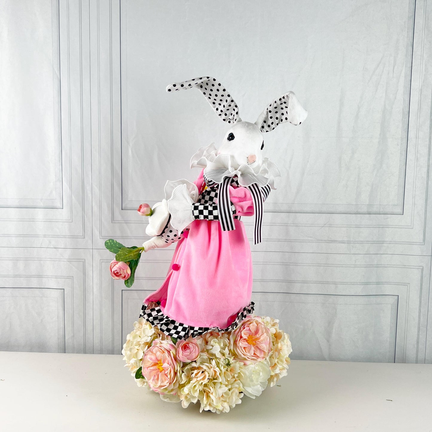 Elegant Easter Bunny Centerpiece, Pink Dress Rabbit with Teapot, Black White Spring Floral Table Decor, Designer Easter Accent