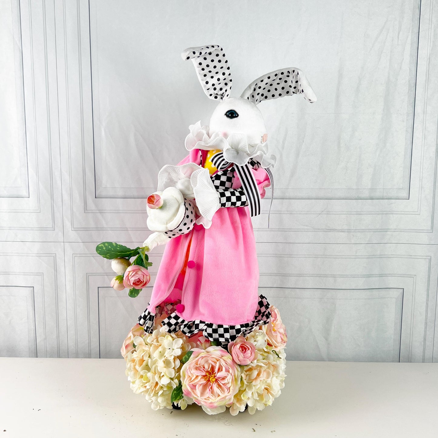 Elegant Easter Bunny Centerpiece, Pink Dress Rabbit with Teapot, Black White Spring Floral Table Decor, Designer Easter Accent