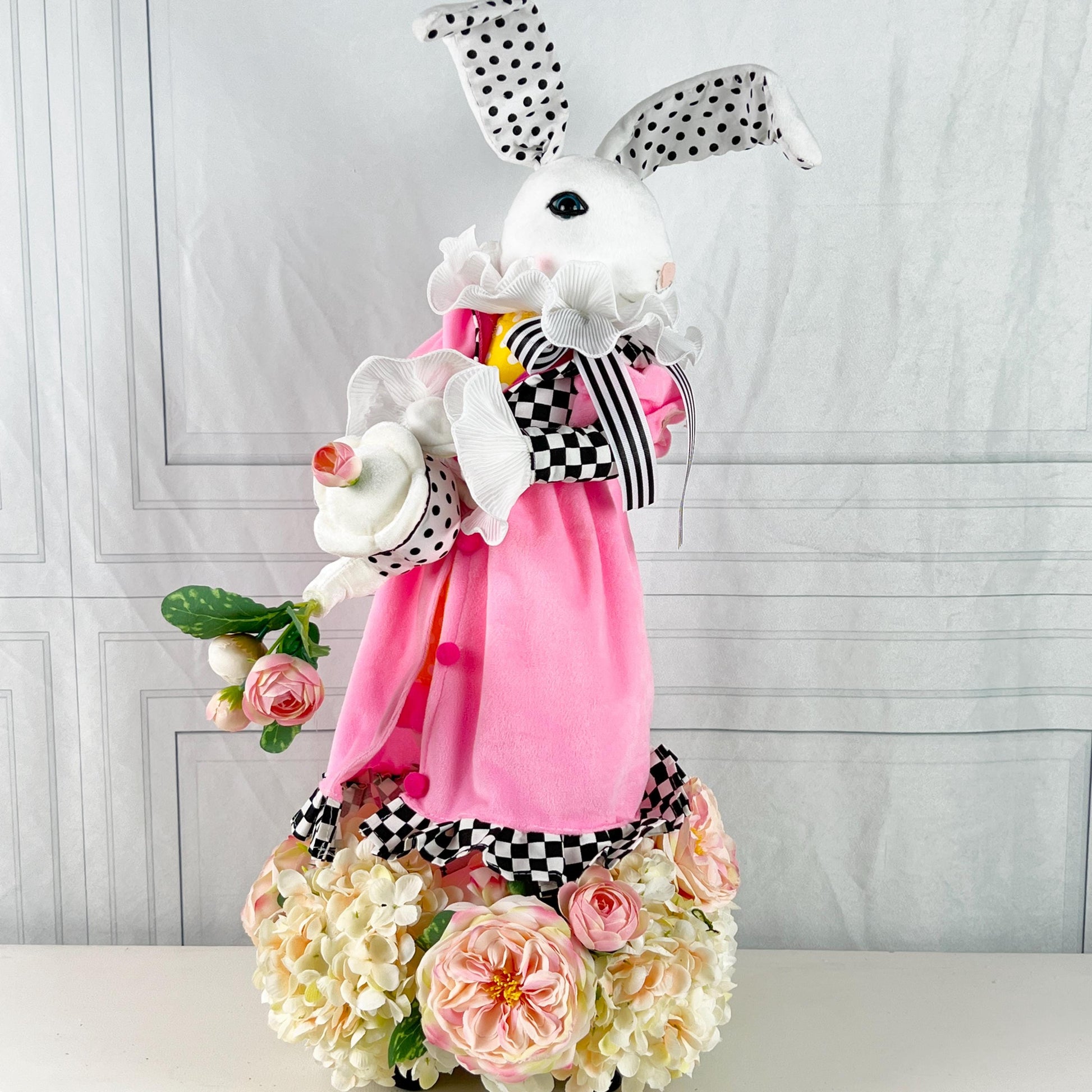Elegant Easter Bunny Centerpiece, Pink Dress Rabbit with Teapot, Black White Spring Floral Table Decor, Designer Easter Accent