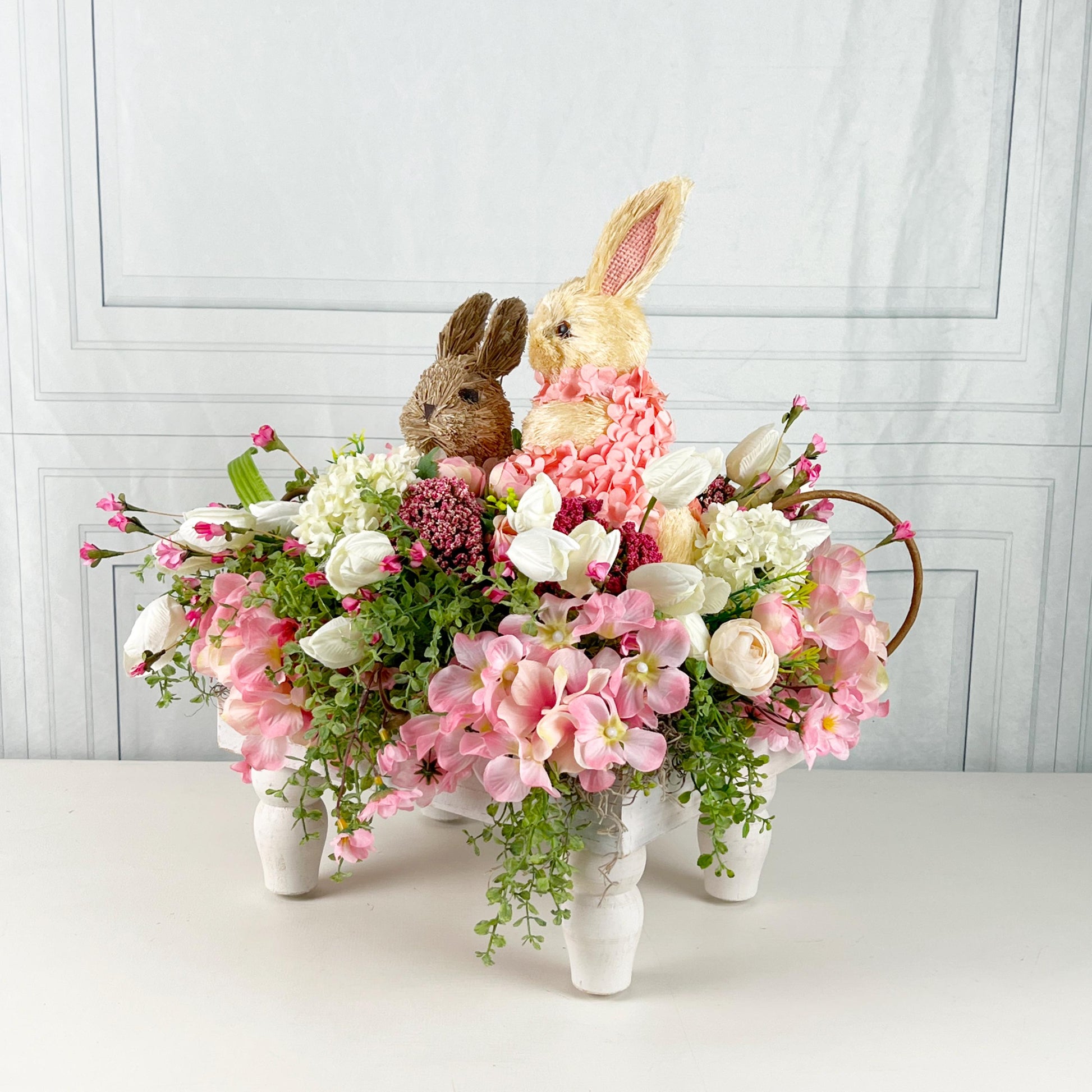 Easter Centerpiece with Baby Bunnies, Spring Floral Bunny Arrangement, Pink Ivory Easter Table Decor, Mother's Day Gift