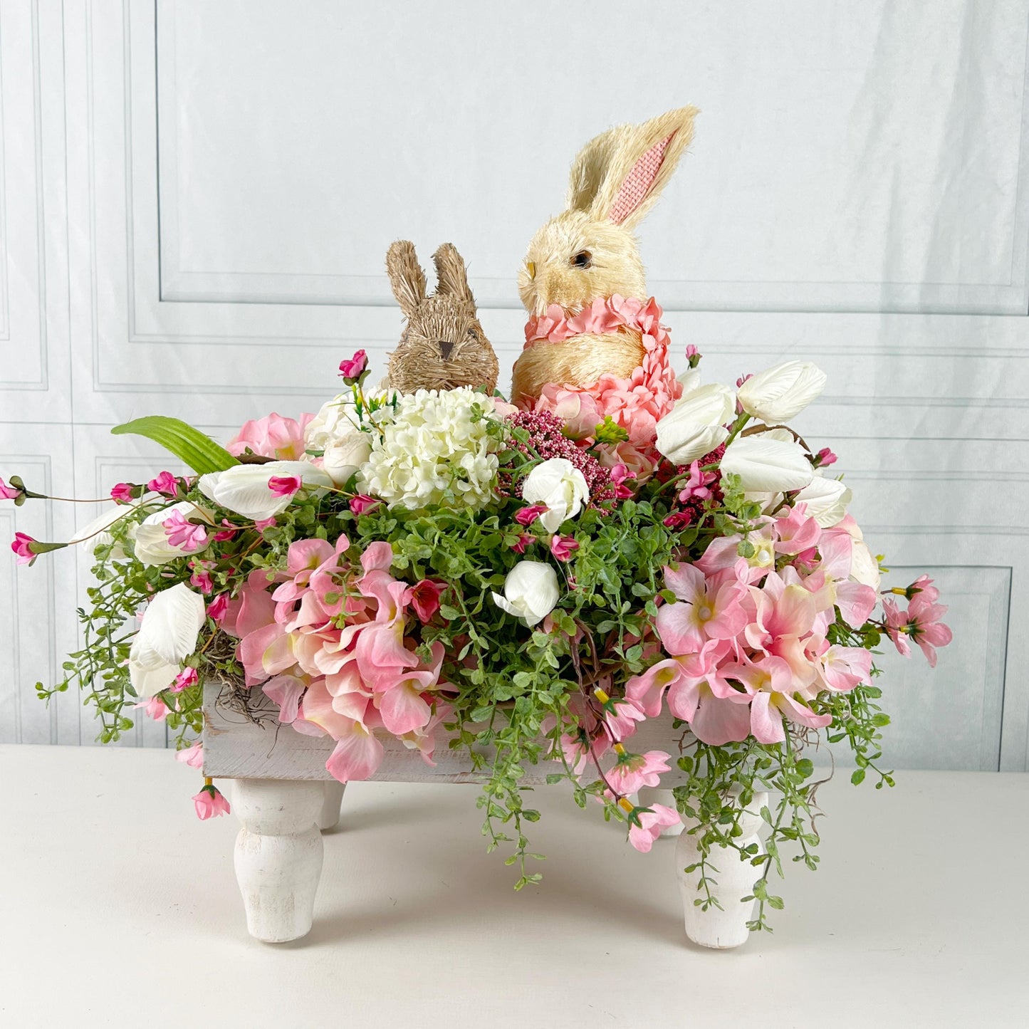 Easter Centerpiece with Baby Bunnies, Spring Floral Bunny Arrangement, Pink Ivory Easter Table Decor, Mother's Day Gift