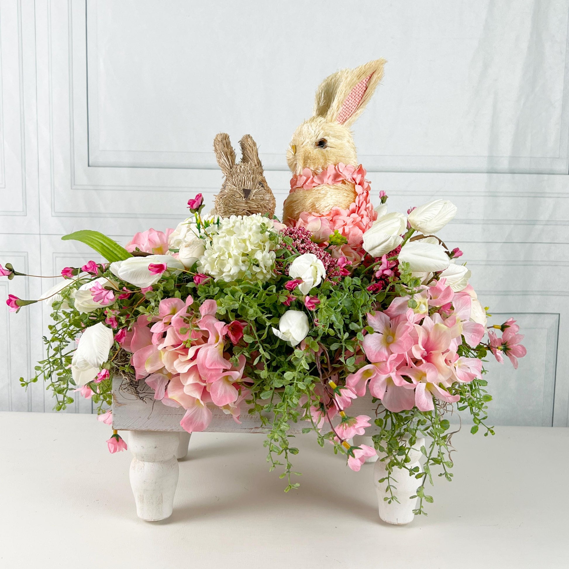 Easter Centerpiece with Baby Bunnies, Spring Floral Bunny Arrangement, Pink Ivory Easter Table Decor, Mother's Day Gift