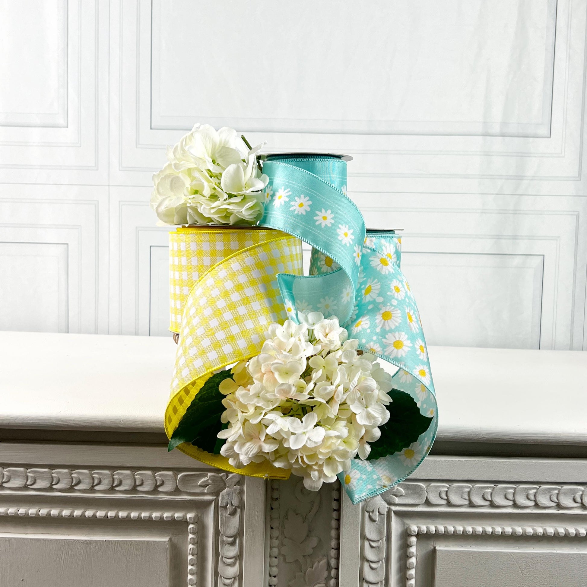 Farrisilk Yellow Gingham Ribbon Bundle, D Stevens Daisy Ribbon Set, Spring Designer Ribbon for Wreaths, Floral Design Supplies