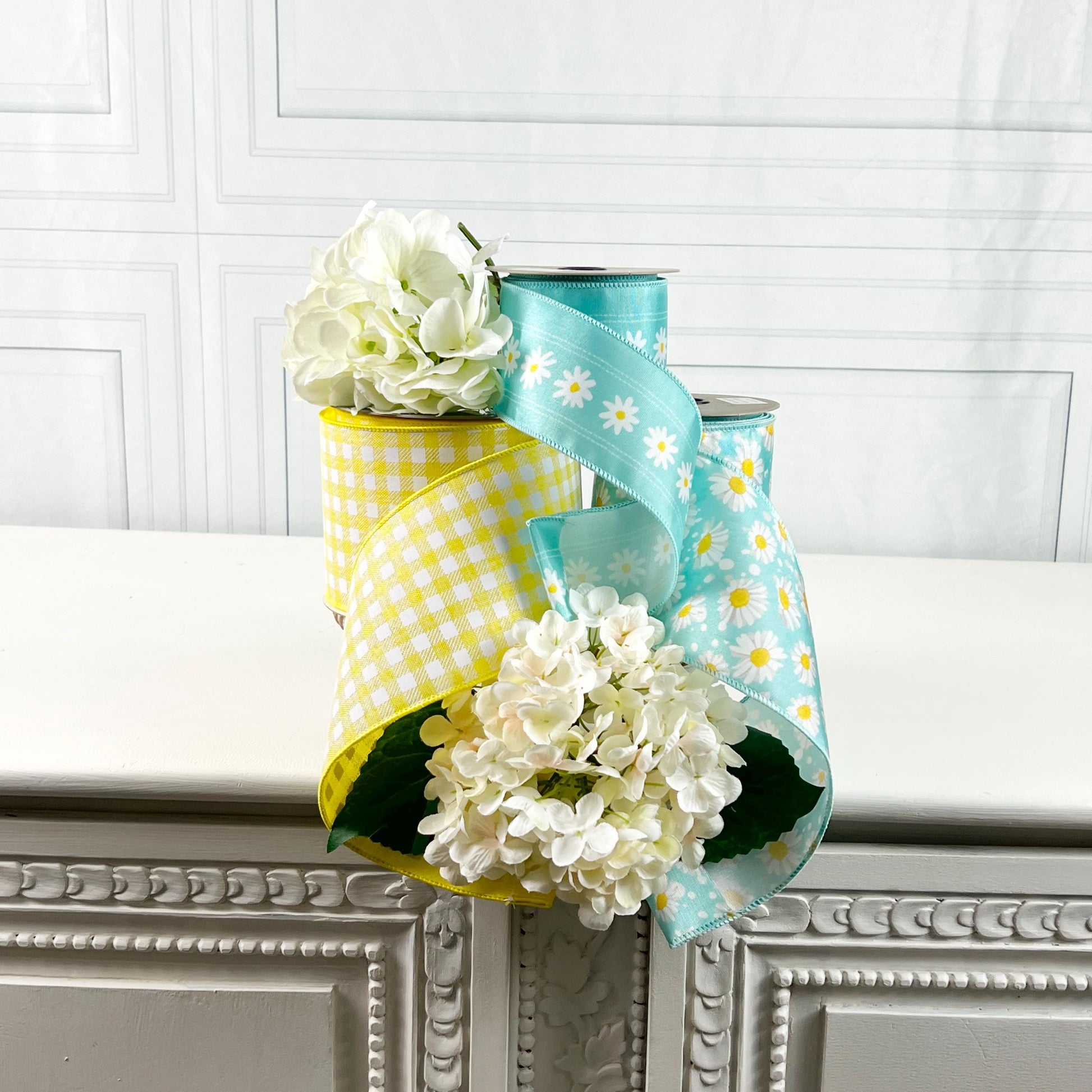Farrisilk Yellow Gingham Ribbon Bundle, D Stevens Daisy Ribbon Set, Spring Designer Ribbon for Wreaths, Floral Design Supplies