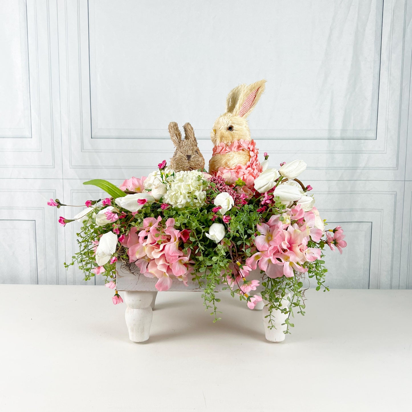 Easter Centerpiece with Baby Bunnies, Spring Floral Bunny Arrangement, Pink Ivory Easter Table Decor, Mother's Day Gift