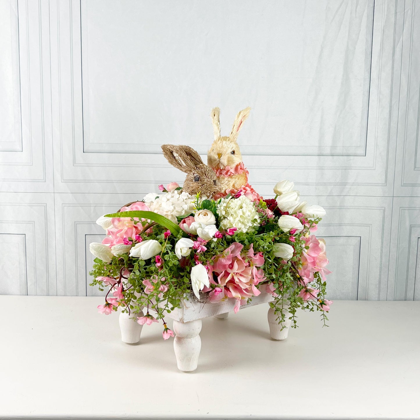 Easter Centerpiece with Baby Bunnies, Spring Floral Bunny Arrangement, Pink Ivory Easter Table Decor, Mother's Day Gift
