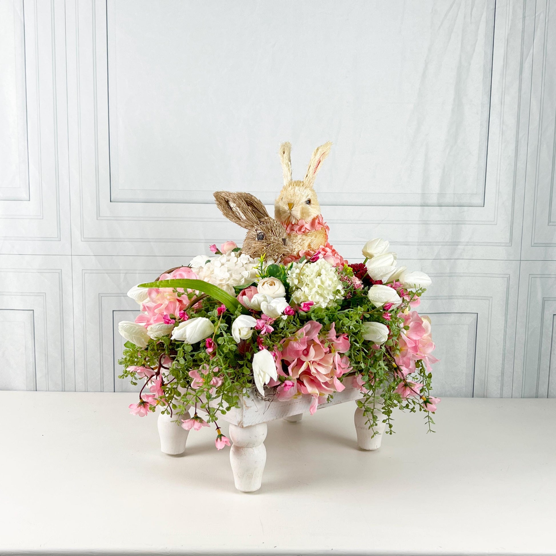 Easter Centerpiece with Baby Bunnies, Spring Floral Bunny Arrangement, Pink Ivory Easter Table Decor, Mother's Day Gift