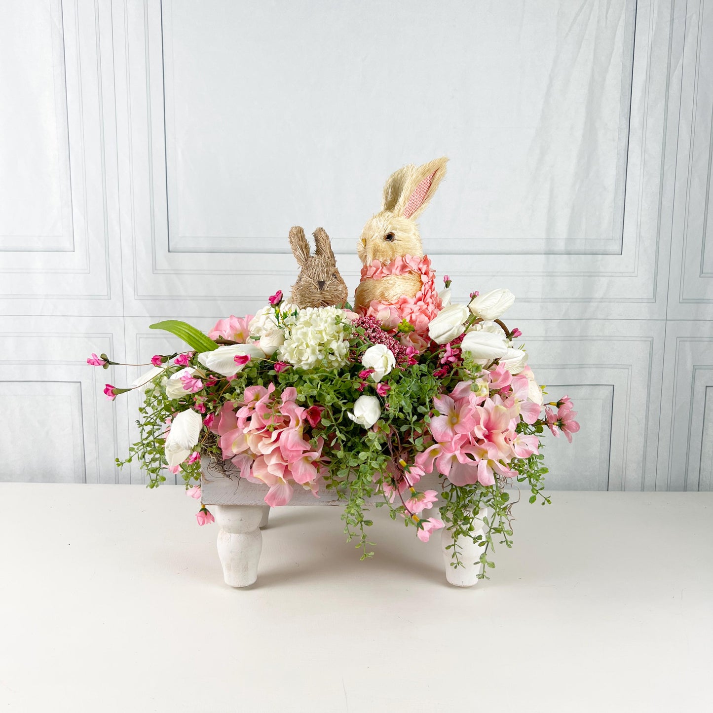 Easter Centerpiece with Baby Bunnies, Spring Floral Bunny Arrangement, Pink Ivory Easter Table Decor, Mother's Day Gift