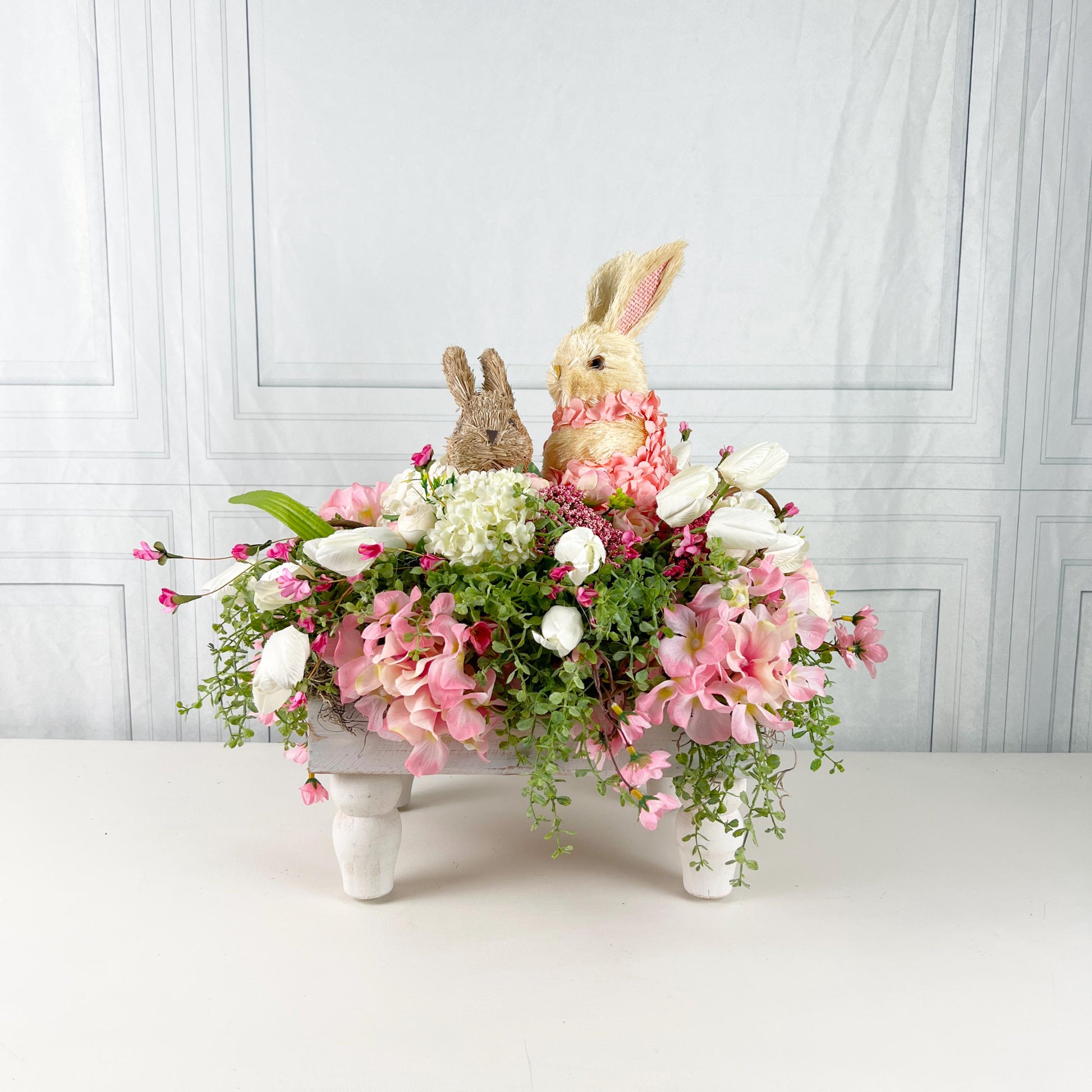 Easter Centerpiece with Baby Bunnies, Spring Floral Bunny Arrangement, Pink Ivory Easter Table Decor, Mother's Day Gift