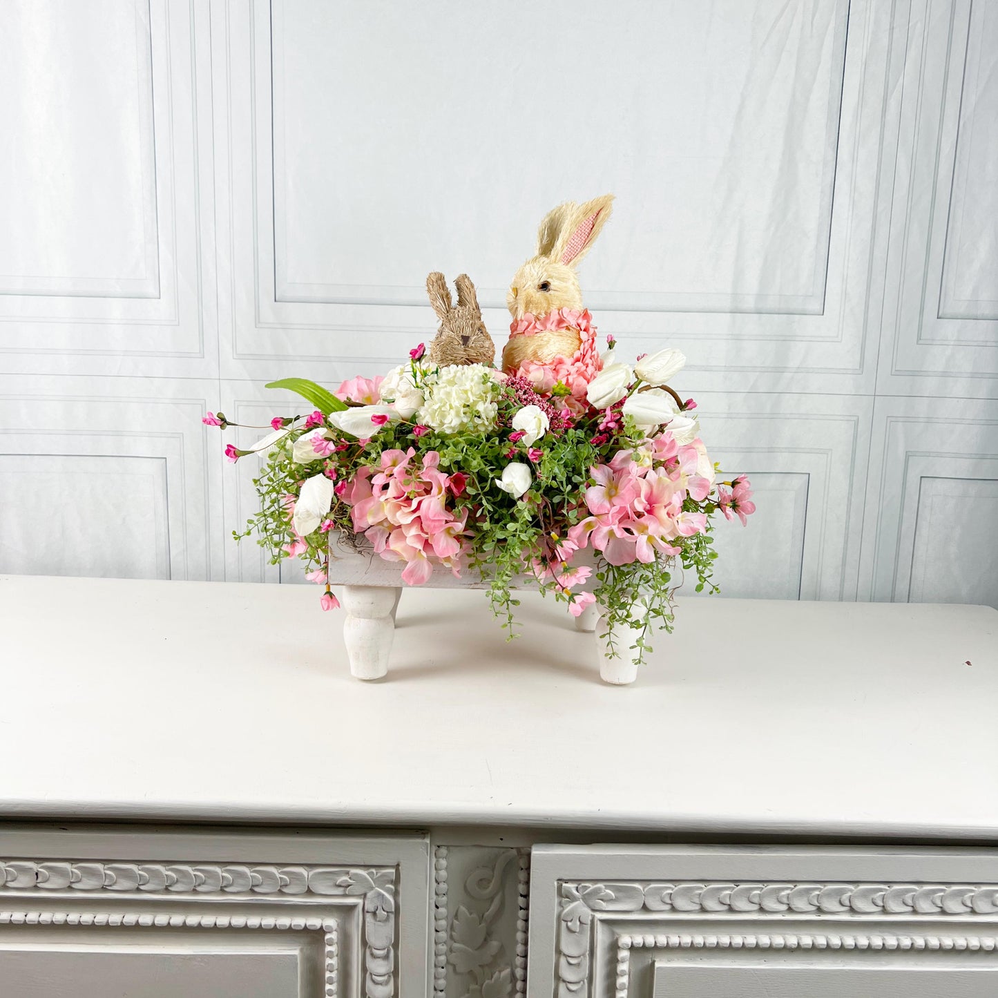 Easter Centerpiece with Baby Bunnies, Spring Floral Bunny Arrangement, Pink Ivory Easter Table Decor, Mother's Day Gift