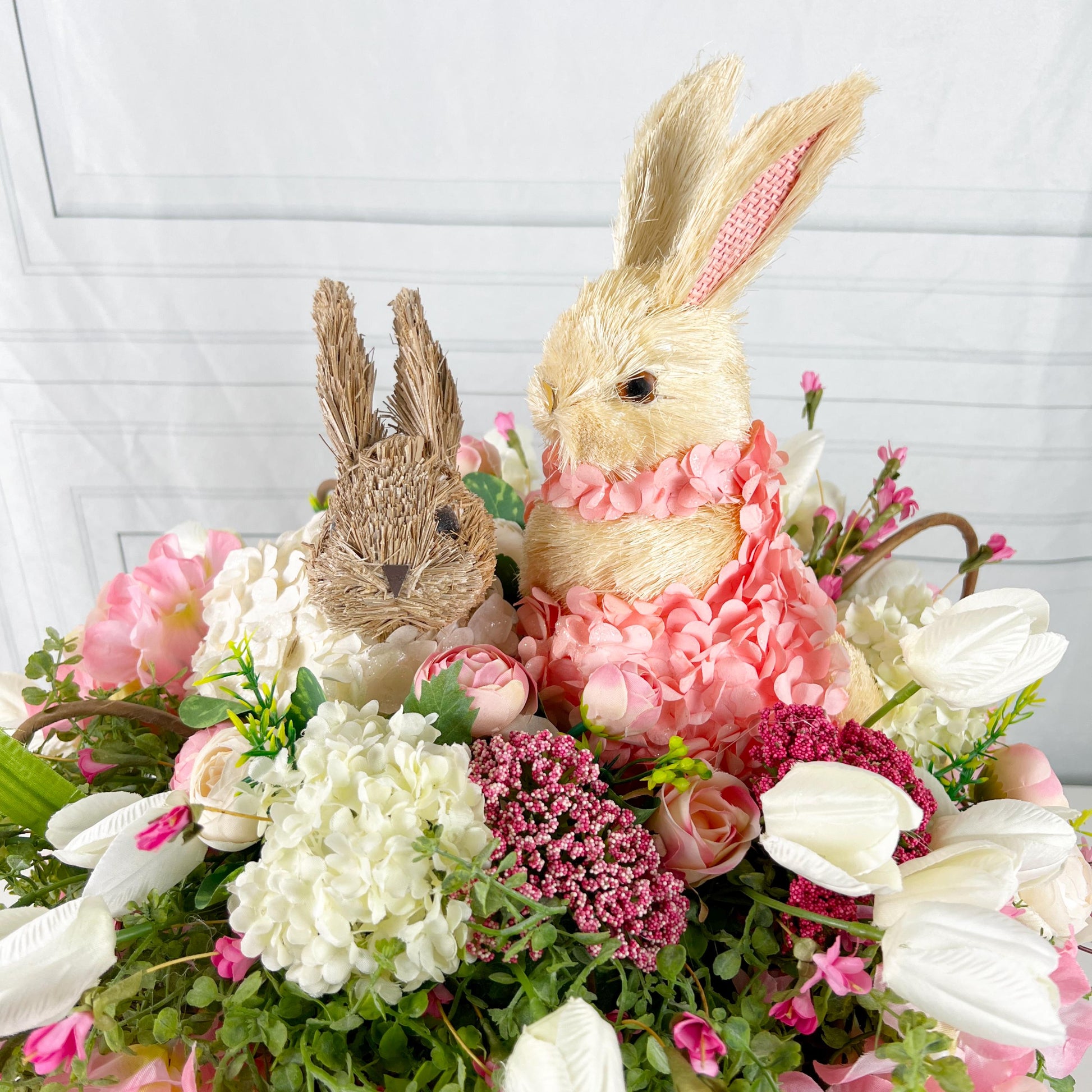 Easter Centerpiece with Baby Bunnies, Spring Floral Bunny Arrangement, Pink Ivory Easter Table Decor, Mother's Day Gift