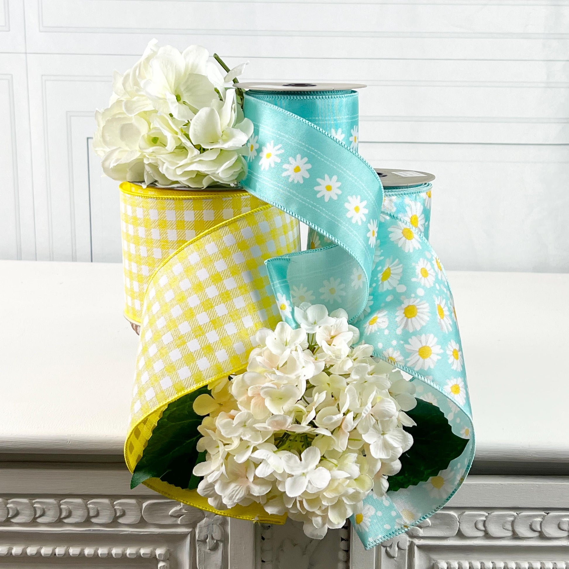 Farrisilk Yellow Gingham Ribbon Bundle, D Stevens Daisy Ribbon Set, Spring Designer Ribbon for Wreaths, Floral Design Supplies