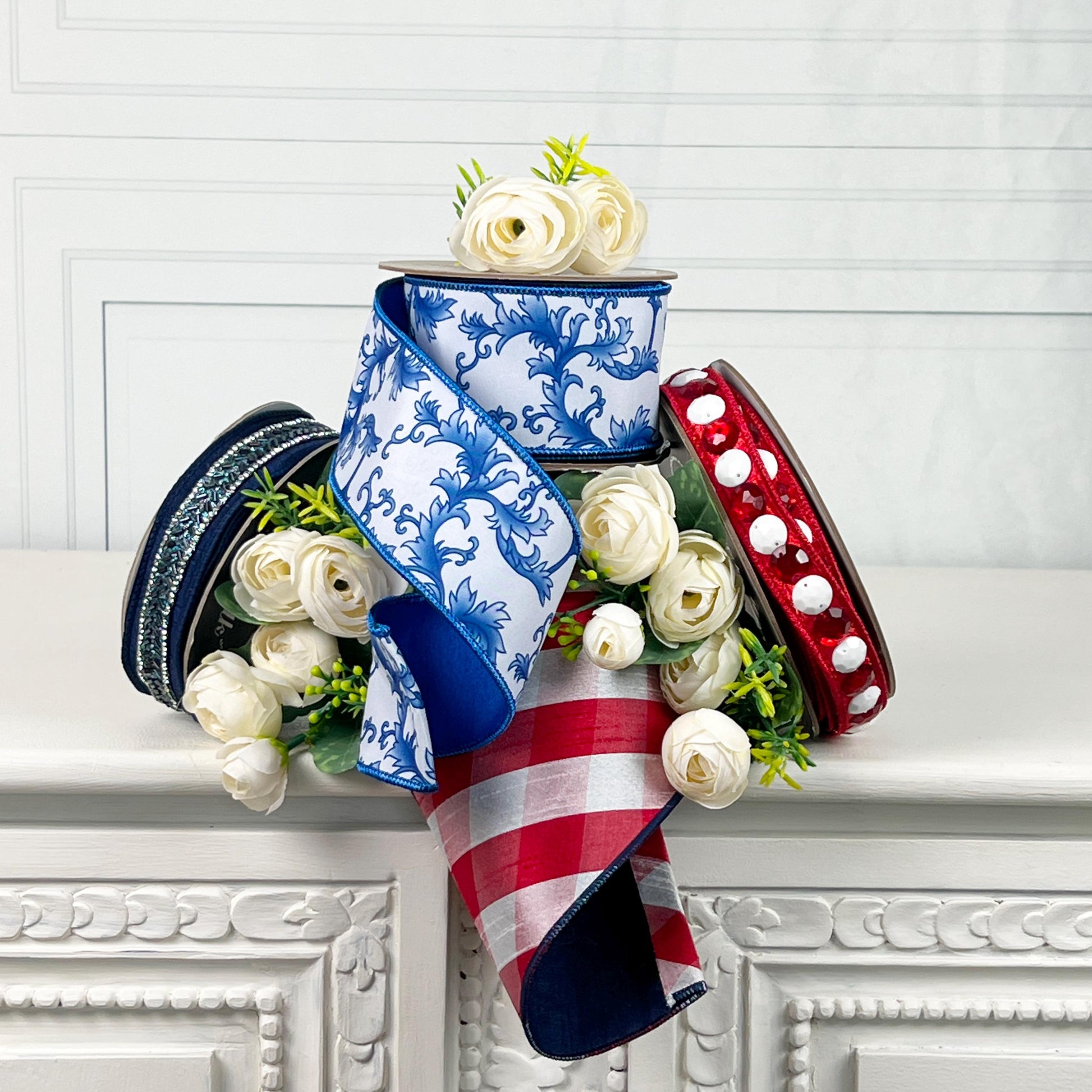 Patriotic Ribbon Bundle – Designer Red White and Blue Ribbon Set with Farrisilk and D Stevens Chinoiserie and Check