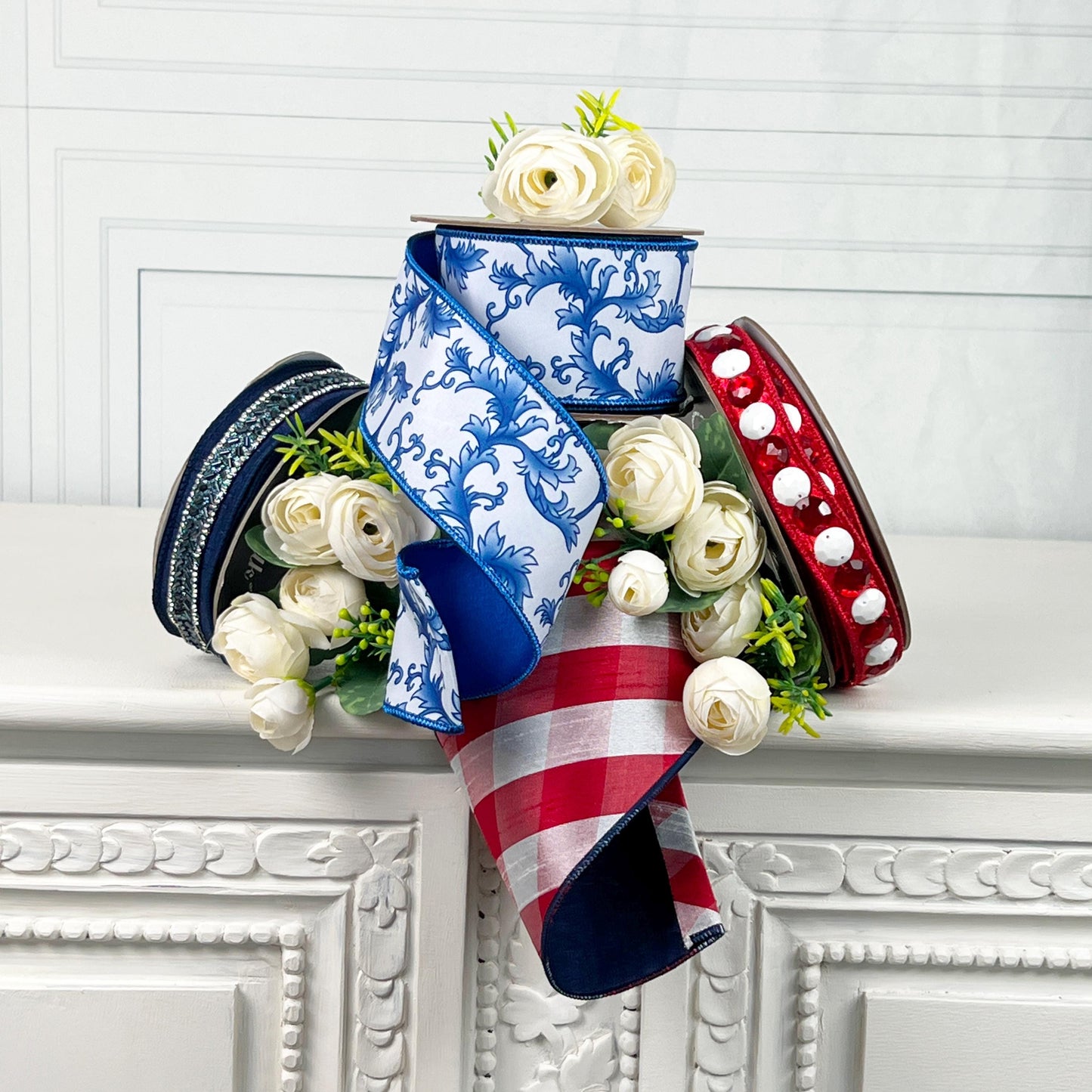 Patriotic Ribbon Bundle – Designer Red White and Blue Ribbon Set with Farrisilk and D Stevens Chinoiserie and Check