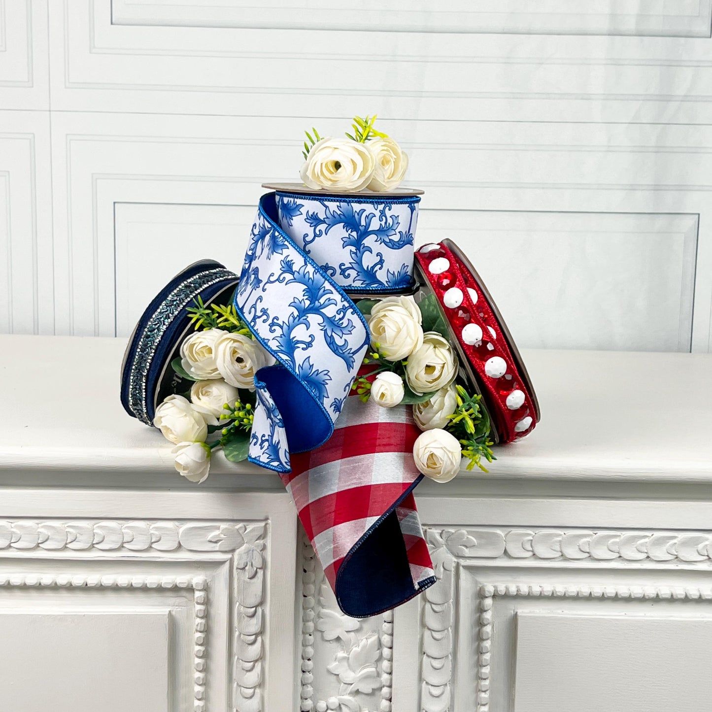 Patriotic Ribbon Bundle – Designer Red White and Blue Ribbon Set with Farrisilk and D Stevens Chinoiserie and Check