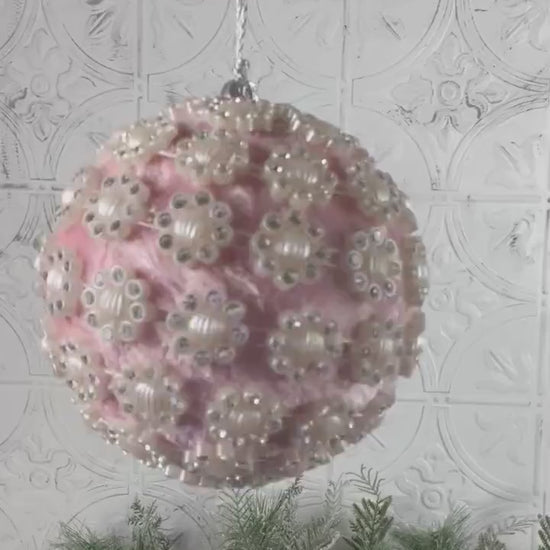 Velvet Jewel Flower Ornament, Pink Vintage Style Bauble, Beaded Holiday Ornament, Shatterproof Christmas Decor, Wedding Tree Accent