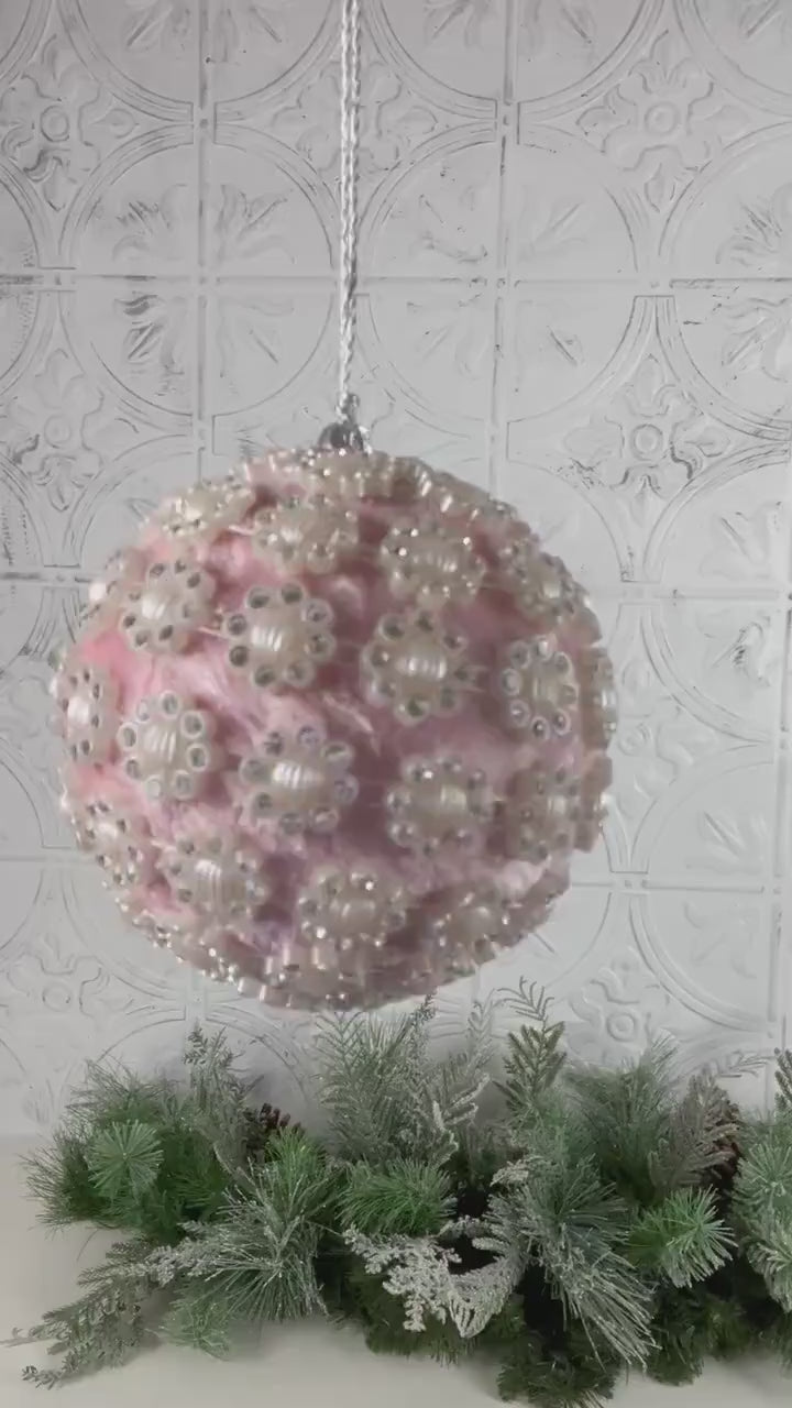 Velvet Jewel Flower Ornament, Pink Vintage Style Bauble, Beaded Holiday Ornament, Shatterproof Christmas Decor, Wedding Tree Accent