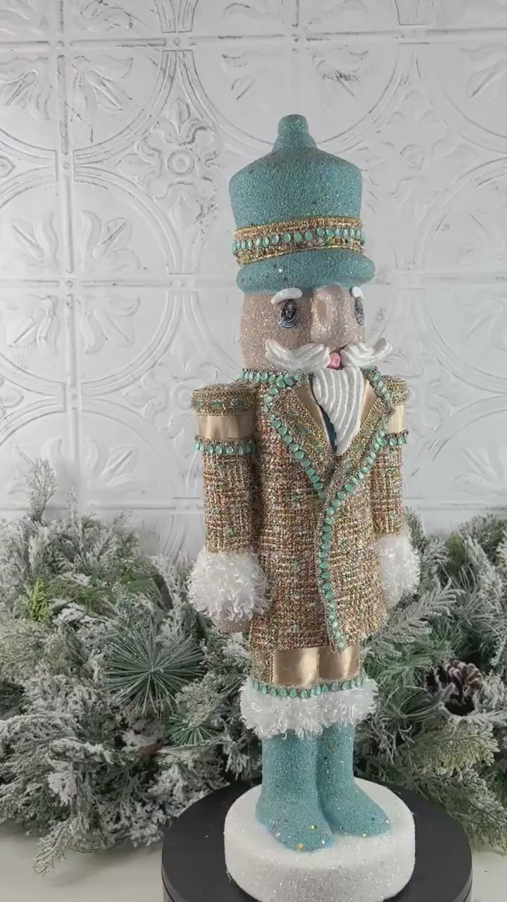 Elegant Blue and Gold Handmade Lg Designer Couture Nutcracker, Unique Holiday Home Decor,  Gift for Dancer, Luxe Holiday Display