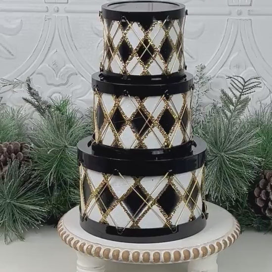 Black and White Drum Set, Glitter Holiday Drums, Stacking Christmas Decor, Harlequin Display Boxes, Elegant Drum Ornaments