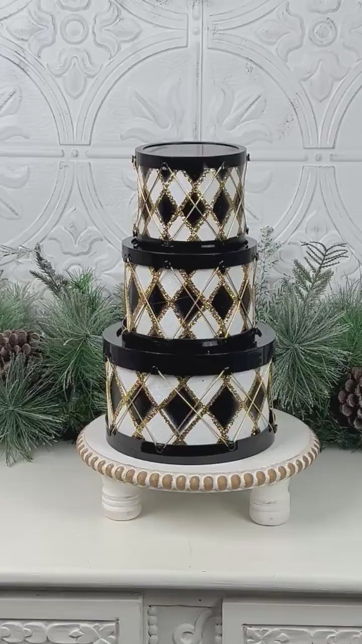 Black and White Drum Set, Glitter Holiday Drums, Stacking Christmas Decor, Harlequin Display Boxes, Elegant Drum Ornaments