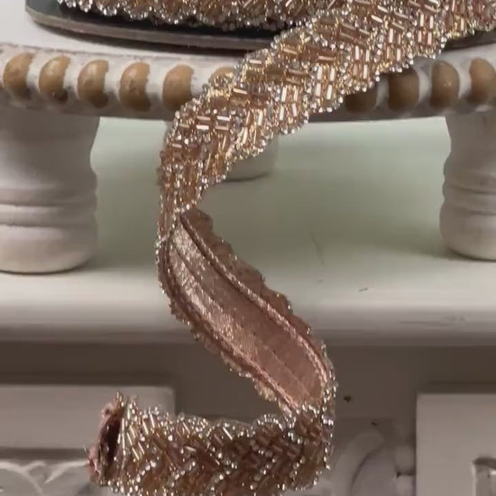 D Stevens Beaded Jeweled Chevron Glam Ribbon in Rose Gold, Rose Gold Beaded Ribbon, Luxe Holiday, Wedding, Hat & Home Décor