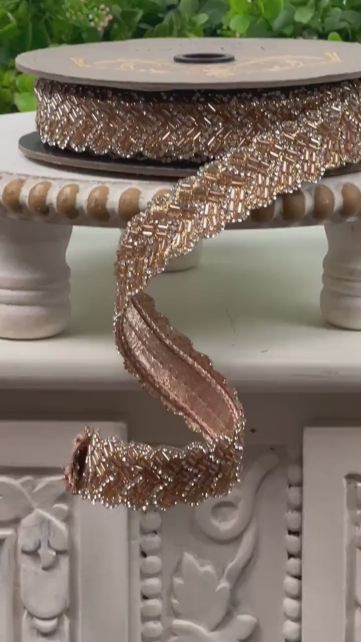D Stevens Beaded Jeweled Chevron Glam Ribbon in Rose Gold, Rose Gold Beaded Ribbon, Luxe Holiday, Wedding, Hat & Home Décor