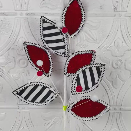 Striped Leaves and Ball Spray, Red Black White Holiday Stem, Christmas Tree Floral Pick, Modern Wreath Accent, Designer Holiday Decor