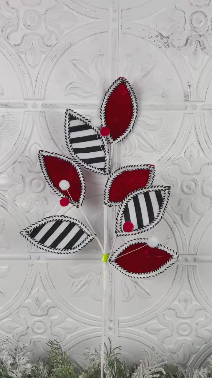 Striped Leaves and Ball Spray, Red Black White Holiday Stem, Christmas Tree Floral Pick, Modern Wreath Accent, Designer Holiday Decor