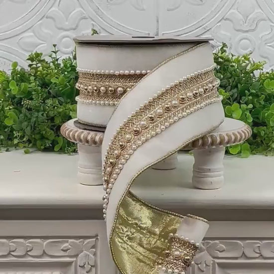 D Stevens Winer White Velvet Ribbon, Pearl Trim Ribbon, Jeweled Velvet Ribbon, Pearl Poiret Trim, Luxury Holiday, Wedding & Floral Ribbon