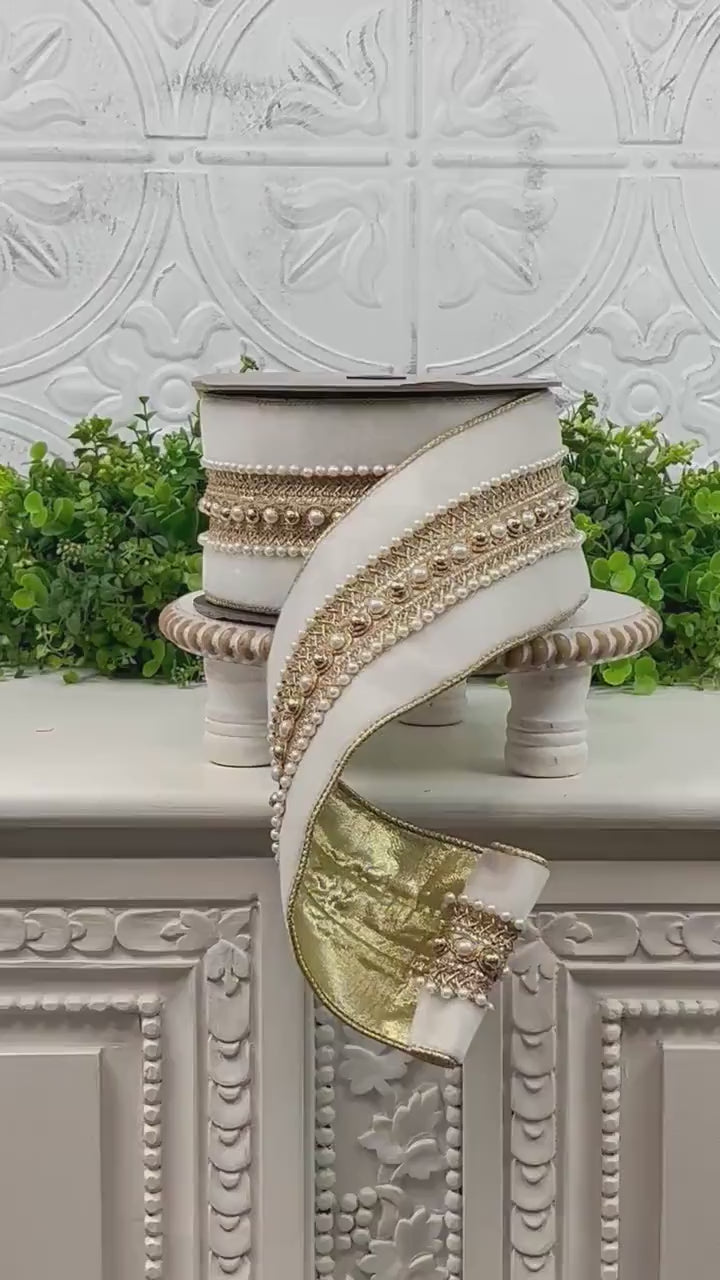 D Stevens Winer White Velvet Ribbon, Pearl Trim Ribbon, Jeweled Velvet Ribbon, Pearl Poiret Trim, Luxury Holiday, Wedding & Floral Ribbon