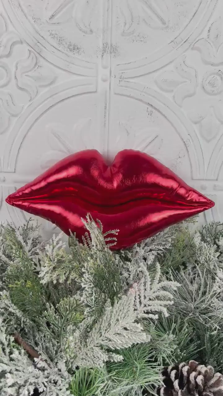 Plush Red Lip Ornament, Metallic Lip Decor, Designer Valentine Accent, Holiday Wreath Attachment, Glam Tree Decoration, Romantic Home Decor