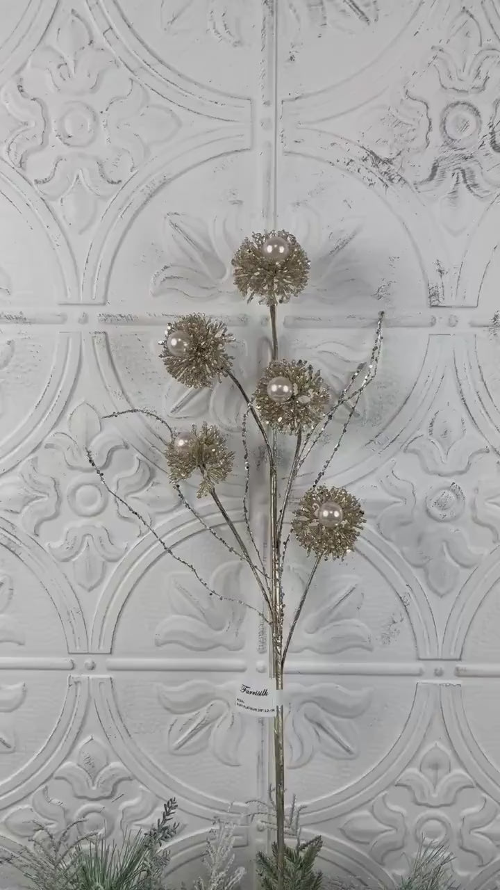 Platinum Pearl Puff Spray, Glittered Floral Stem, Christmas Spray, Jeweled Holiday Pick, Pearl Accent Spray, Holiday Tree Filler