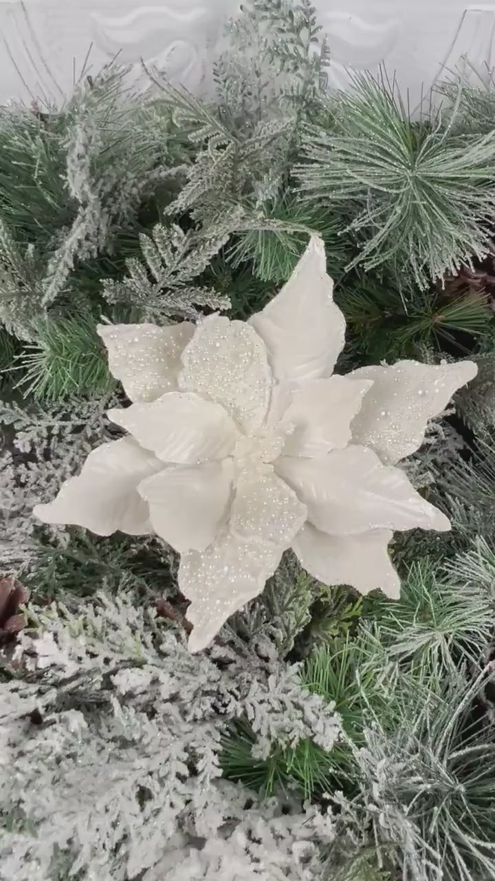 Ivory Pearl Poinsettia Stem, Beaded Holiday Floral, White Glitter Poinsettia, Christmas Flower Pick, Wedding Floral, Wreath Attachment